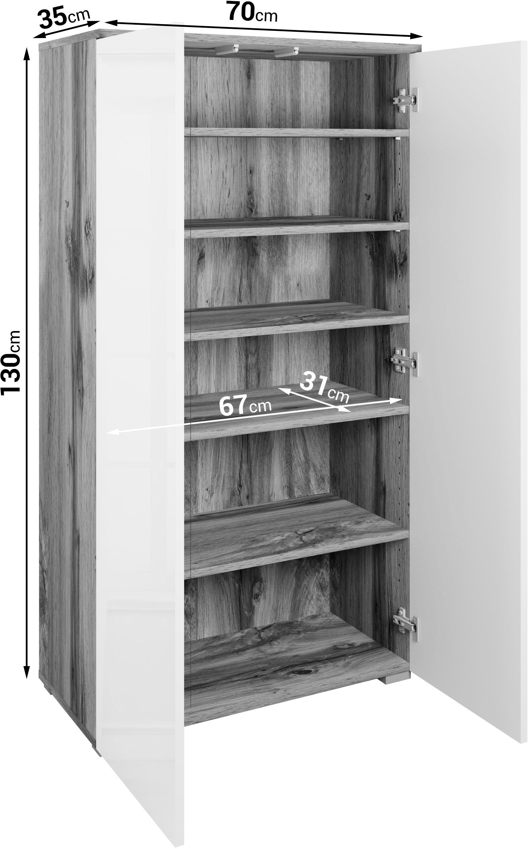 GOODproduct Armoire à chaussures »Paris« étagère à chaussures sans poignées, largeur 70 cm, avec 6 compartiments spacieux