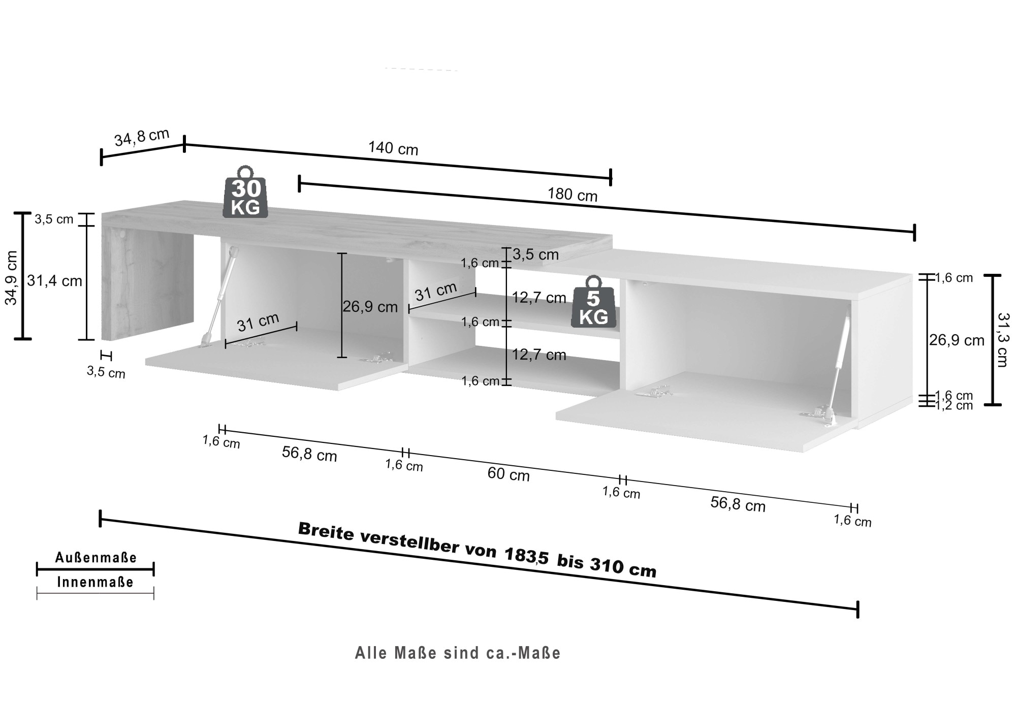 GOODproduct Lowboard »New Garda,Lowboard mit Aufsatz,TV-Board mit Ausatz,TV-Schrank-Tv Bank« 1 Stk. tlg. Breite verstellbar v. 183 bis 310 cm,2 Klappen  und L-Förmiger Aufsatz