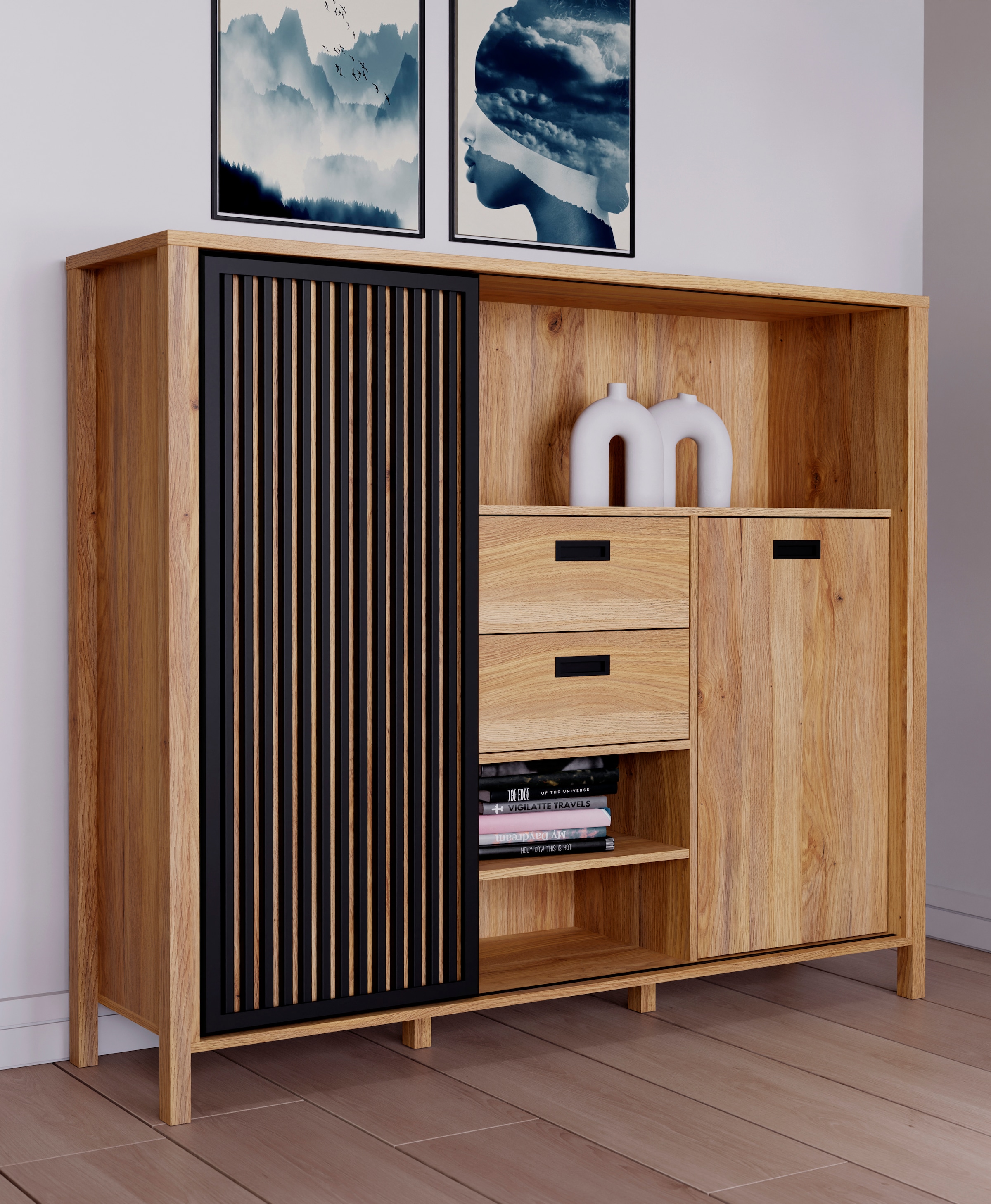 Image of FORTE Highboard "Jytana" Breite 149,9 cm, Schiebetüre mit Lamellenoptik, Mauvella Eiche/Schwarz