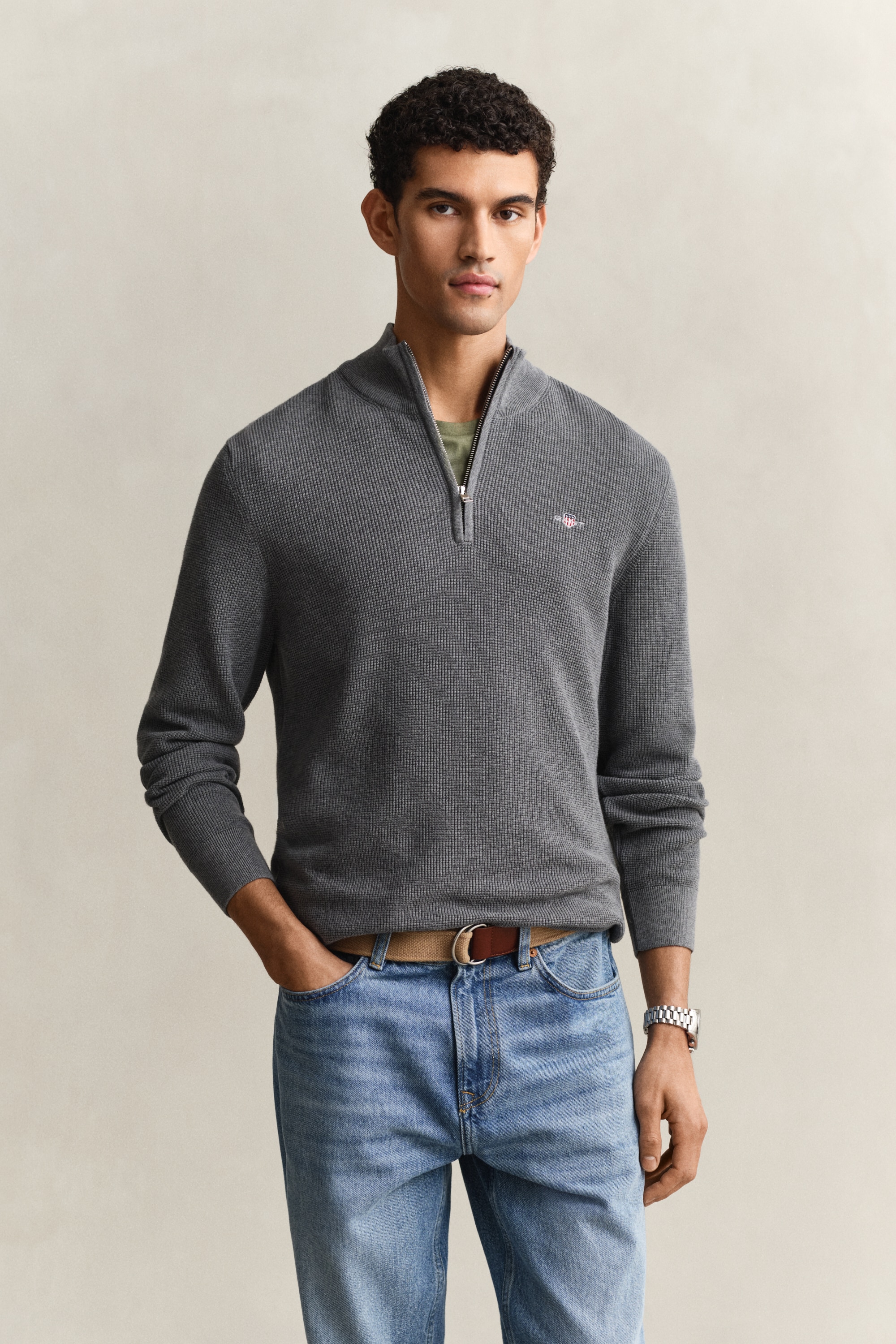 Image of Gant Troyer "MICRO TEXTURED COTTON HALF ZIP" Regular fit mit Troyerkragen