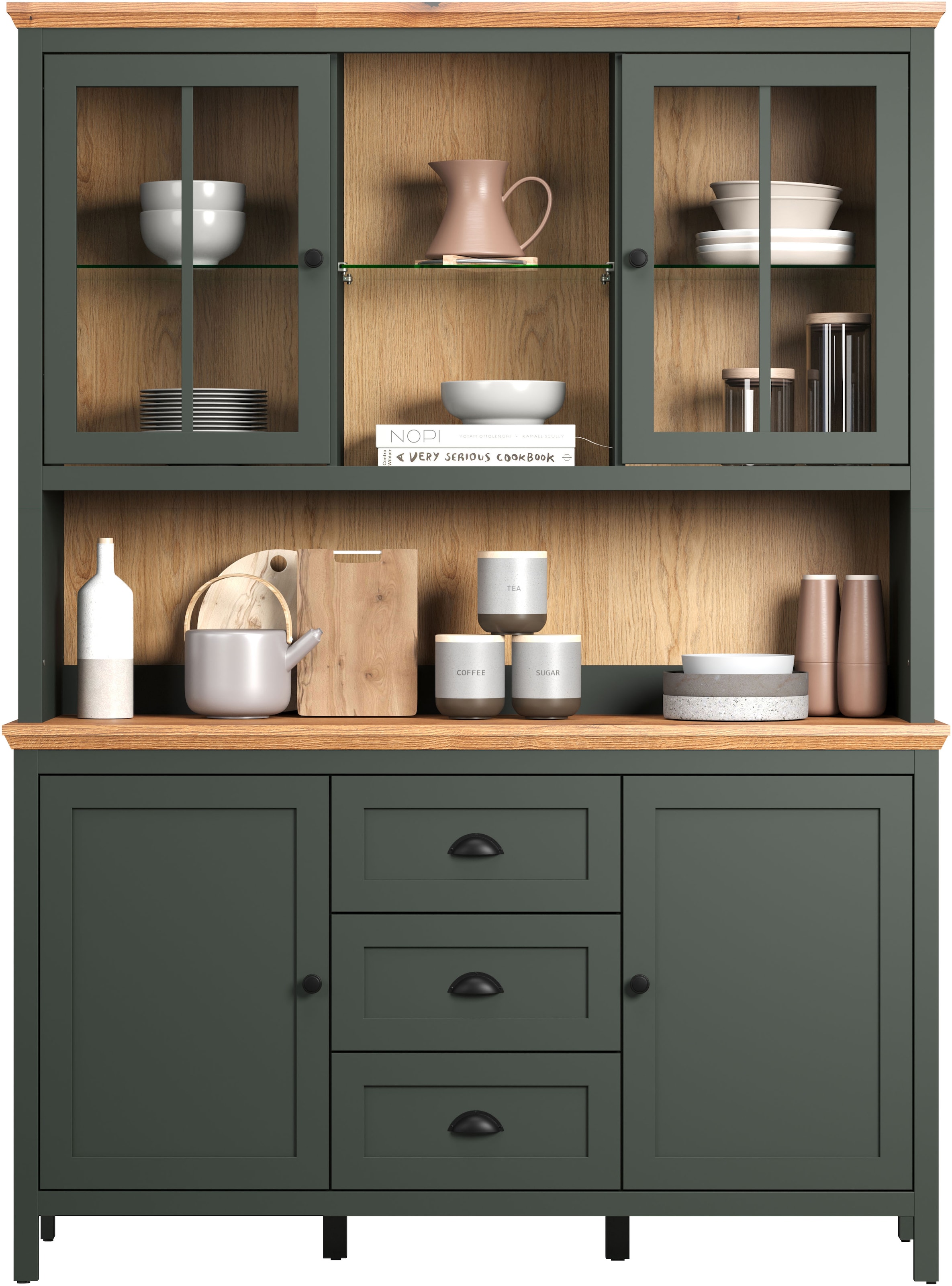 Home affaire Buffet »Vienna«, (Set, 2 St.), Küchenbuffet im Landhausstil, inkl. Beleuchtung - (B/T/H) 146/39/112cm