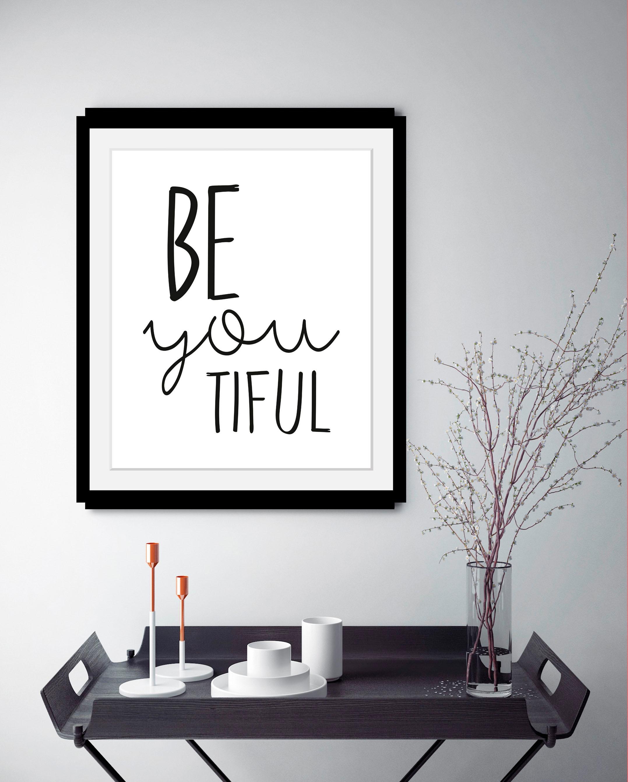 queence Bild »Spruch«, Schwarz-Weiss-Schriftzug-Motivationsbilder-Smileys, HD Premium Poster-Druck inkl. Holzrahmen