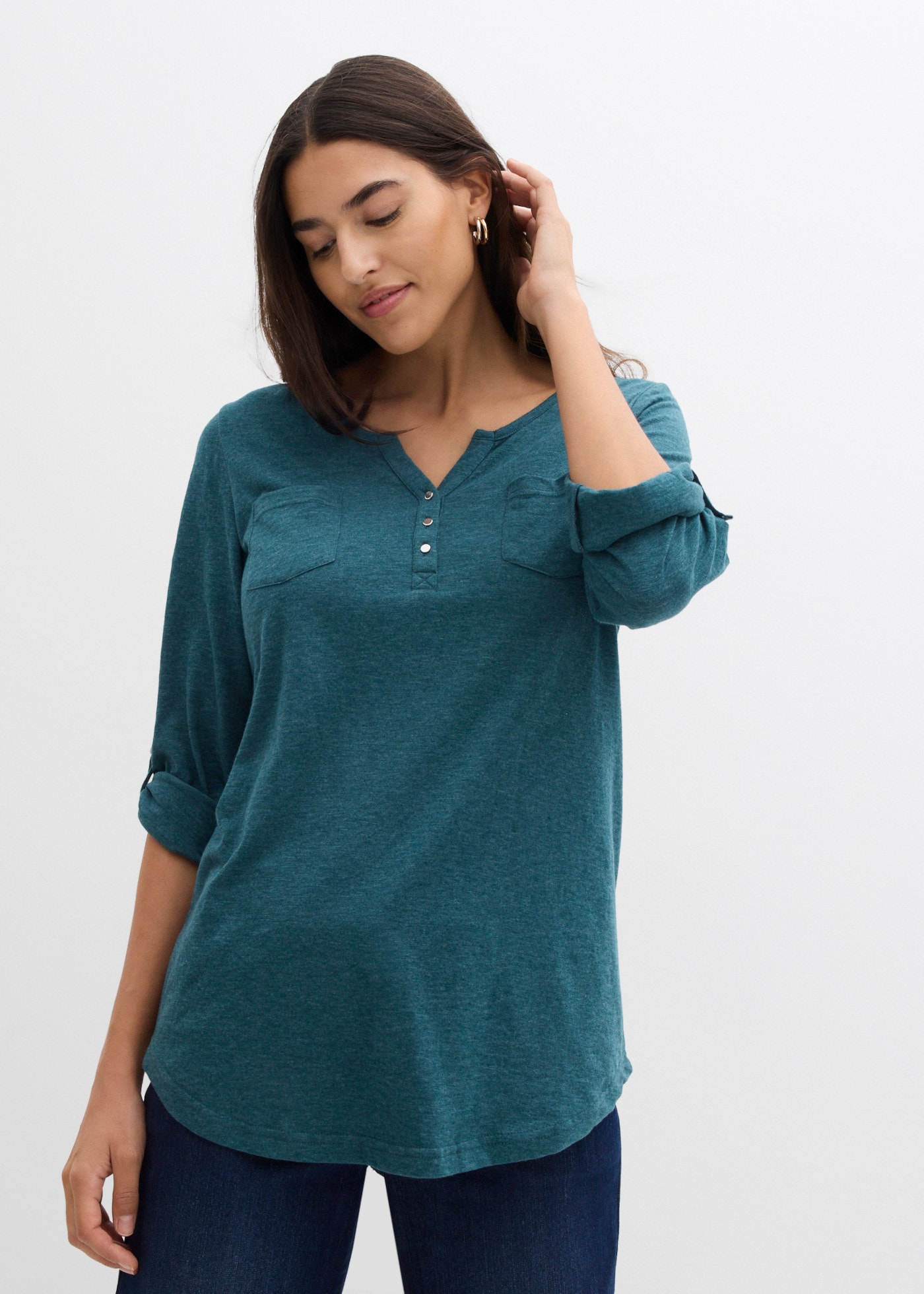 Image of bonprix Henleyshirt mit Knopfleiste, hüftbedeckende Länge, in melierter Optik, Loose Fit
