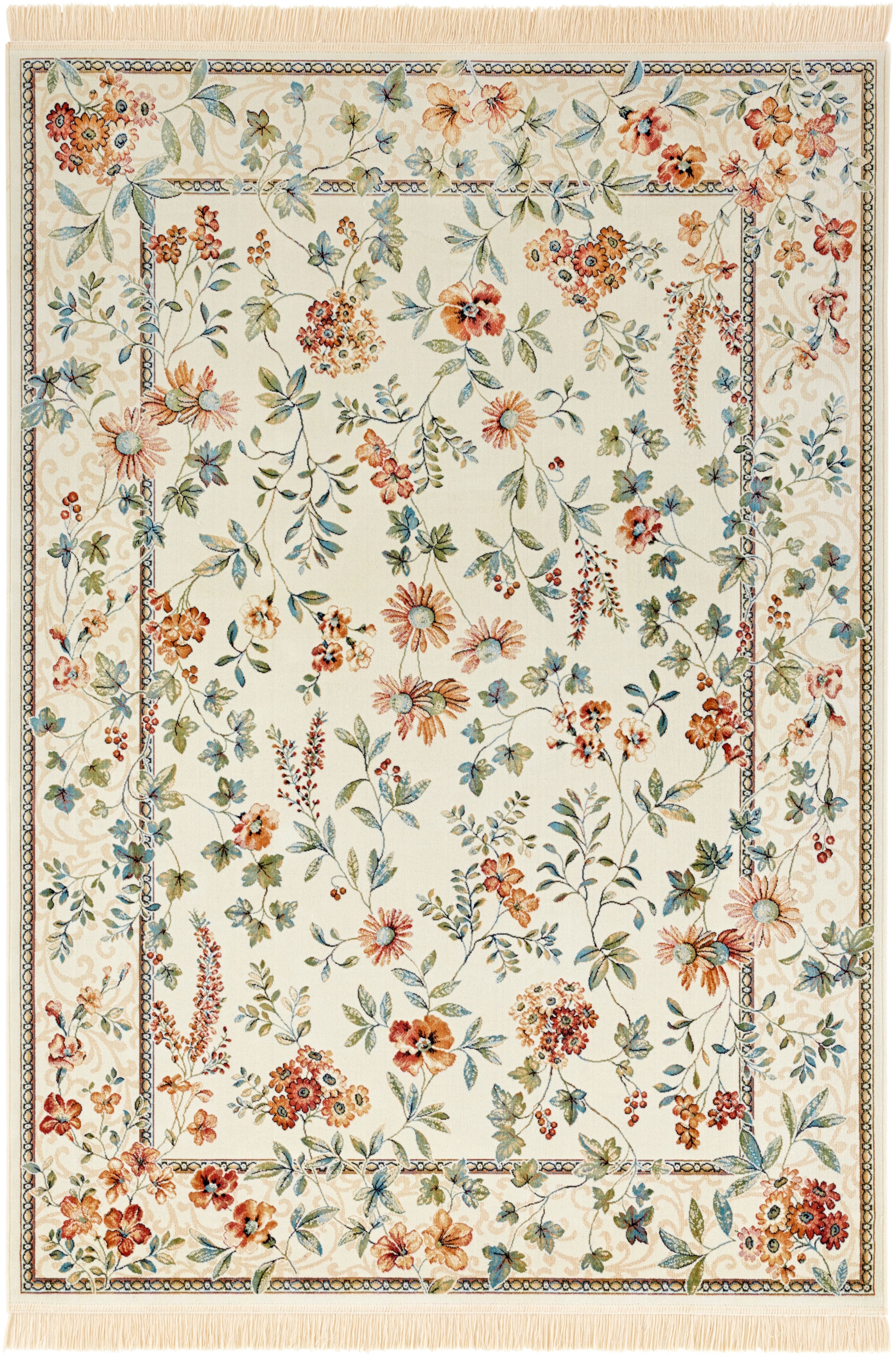 NOURISTAN Teppich »Orient Flowers«, rechteckig, 5 mm Höhe, Kurzflor mit Fransen, Orient, Wohnzimmer, Schlafzimmer, Esszimmer