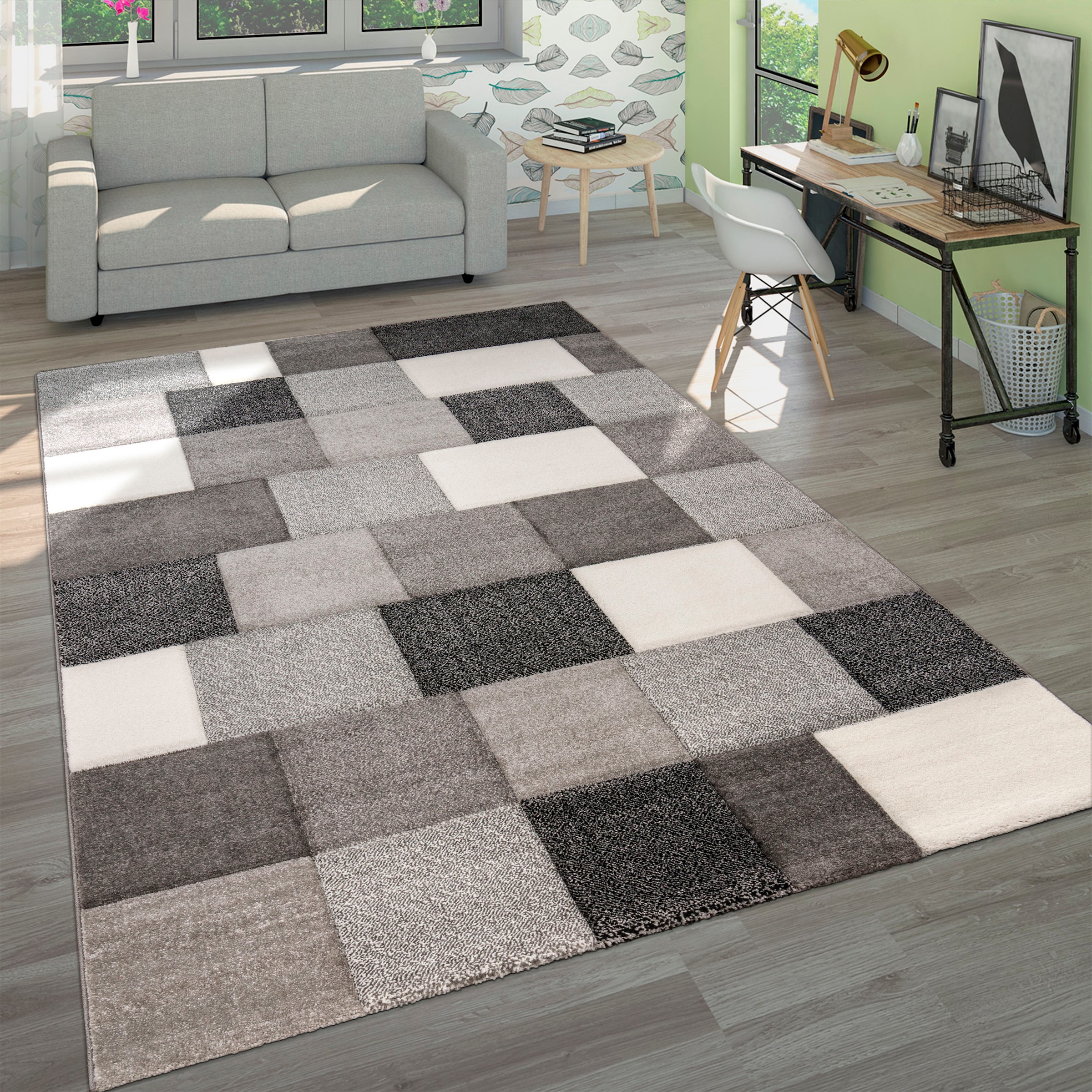Paco Home Tapis »Brilliance 656« Rectangulaire 17 mm Höhe Kurzflor, modernes Karo Design, handgefertigter Konturenschnitt