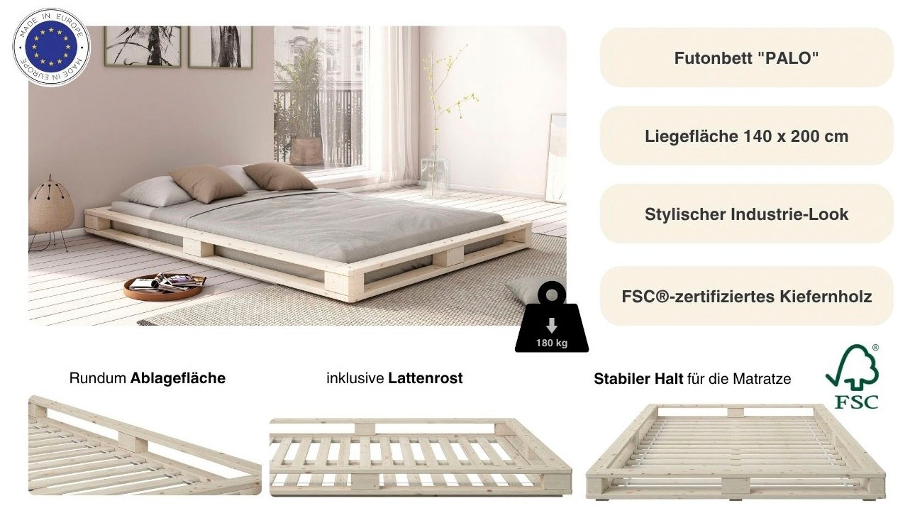 GOODproduct Futonbett »"PALO " BESTSELLER! Massivholzbett, rundum Ablagefläche« H/B/T ca. 16/158/218,  Bodenbett, zertifiziertes Massivholz (Kiefer)