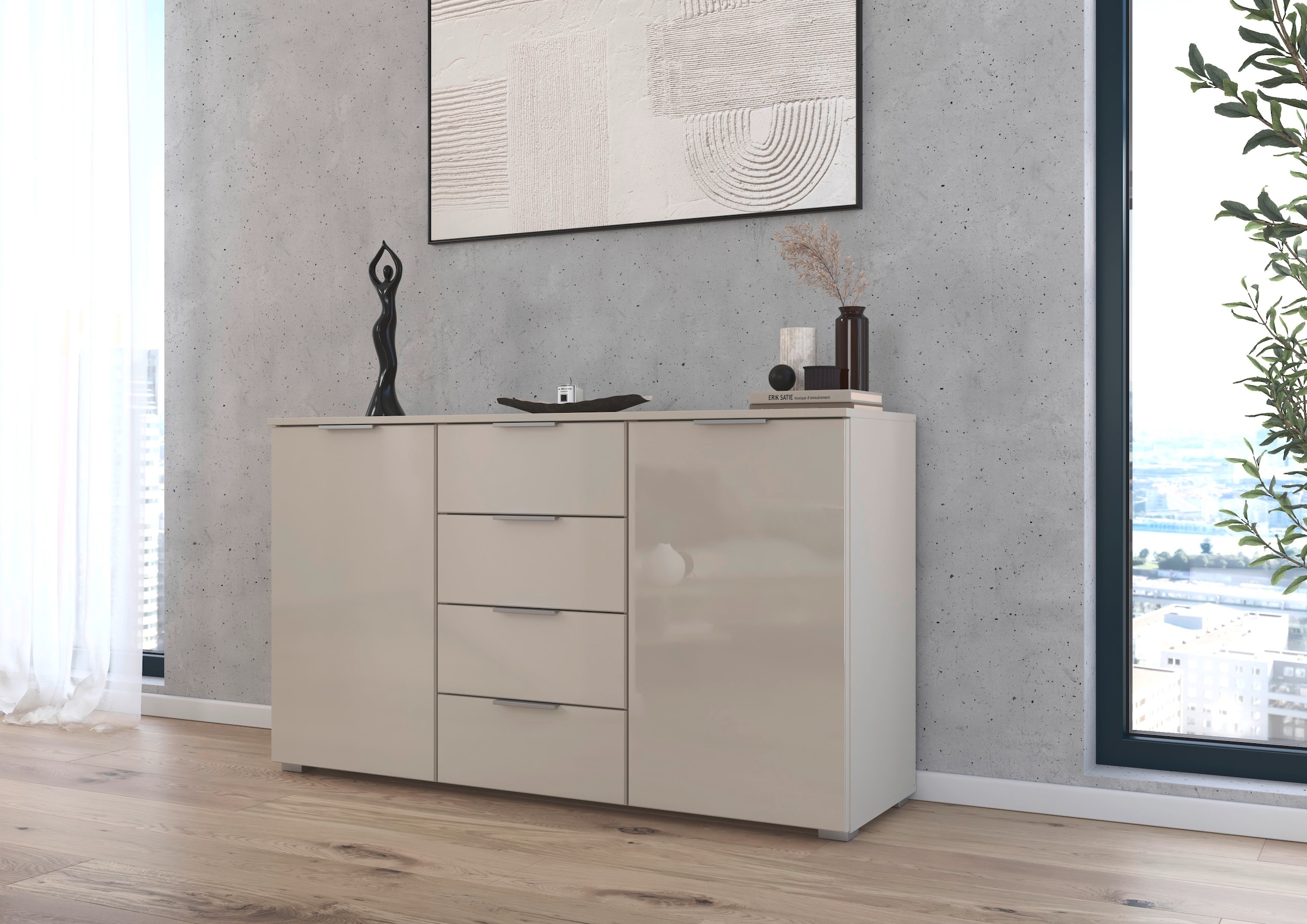 GOODproduct Kombikommode »Sideboard Kombikommode Schubladenkommode AGORDO mit Glasfront« in zwei Griff-Farben, Breite 120 cm,  vier grosse Schubladen, mit insgesamt 4 Einlegeböden MADE IN GERMANY