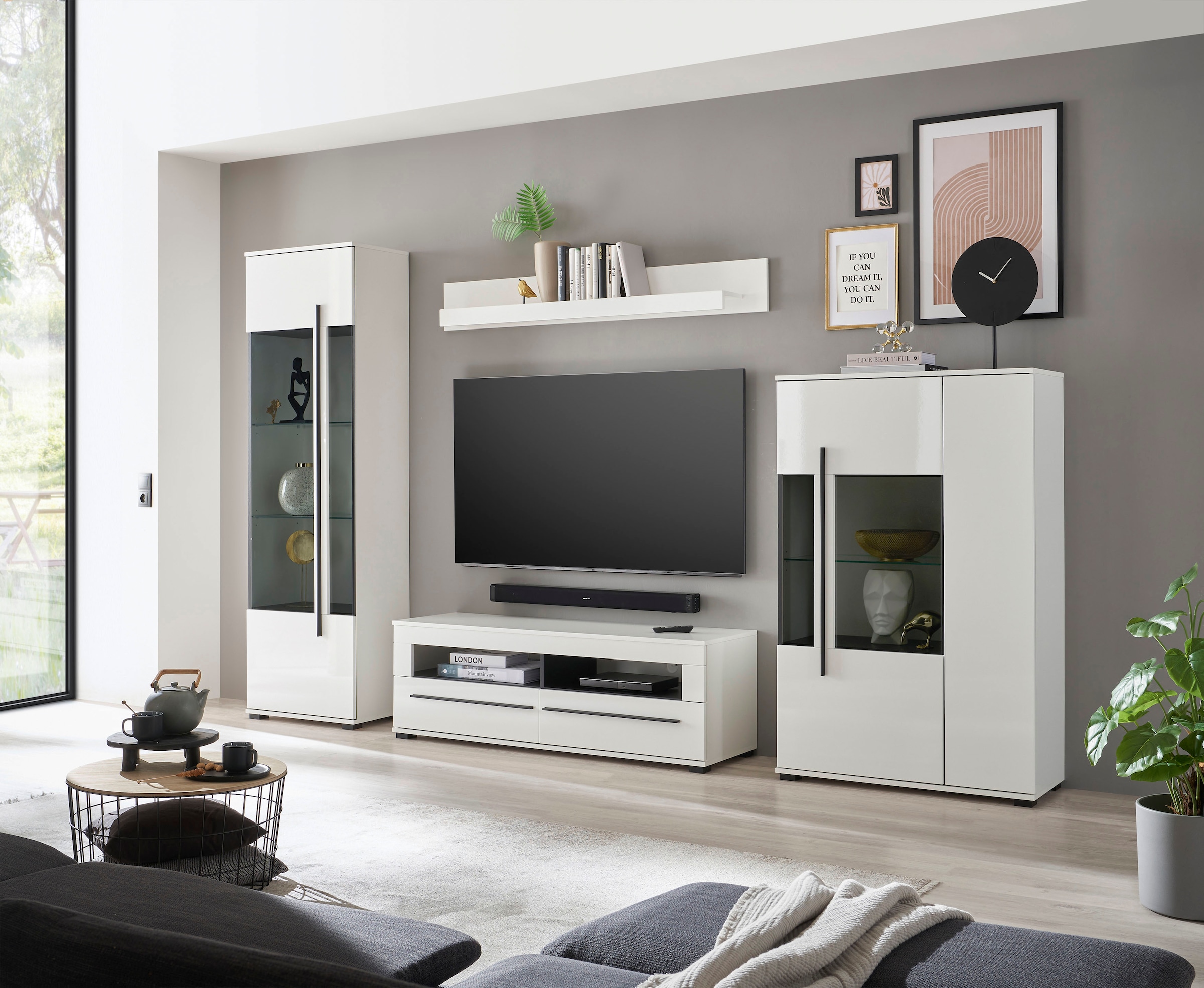 INOSIGN Wohnwand »Cantara, moderne Anbauwand, Wohnzimmer-Set, in Eiche Evoke oder Weiss«, (Set), enthält zwei Vitrinen, ein Lowboard und ein Wandboard