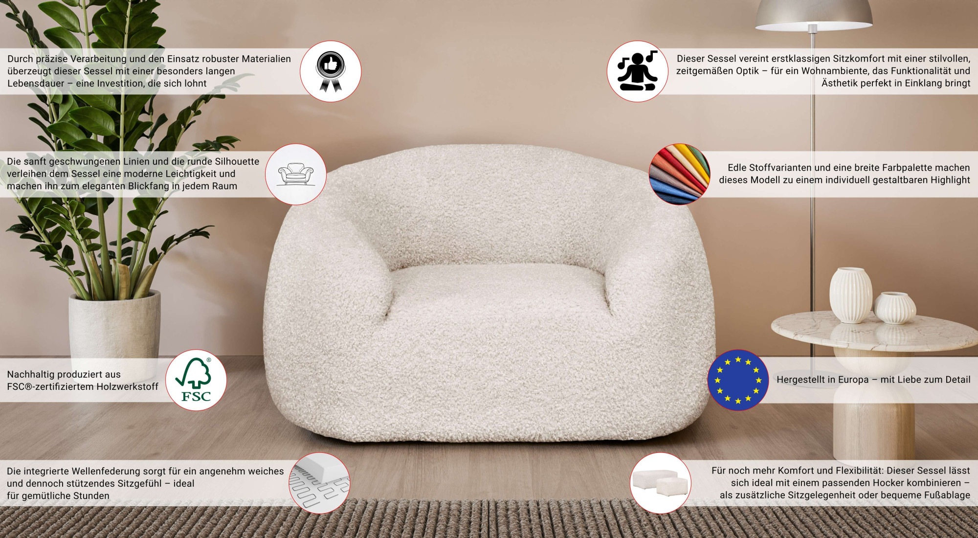 LeGer Home by Lena Gercke Sessel »YANI Relaxsessel, Loungesessel, Masse B/T/H: 127/96/76 cm« organische Form, mit Wellenunterfederung, auch in Bouclé