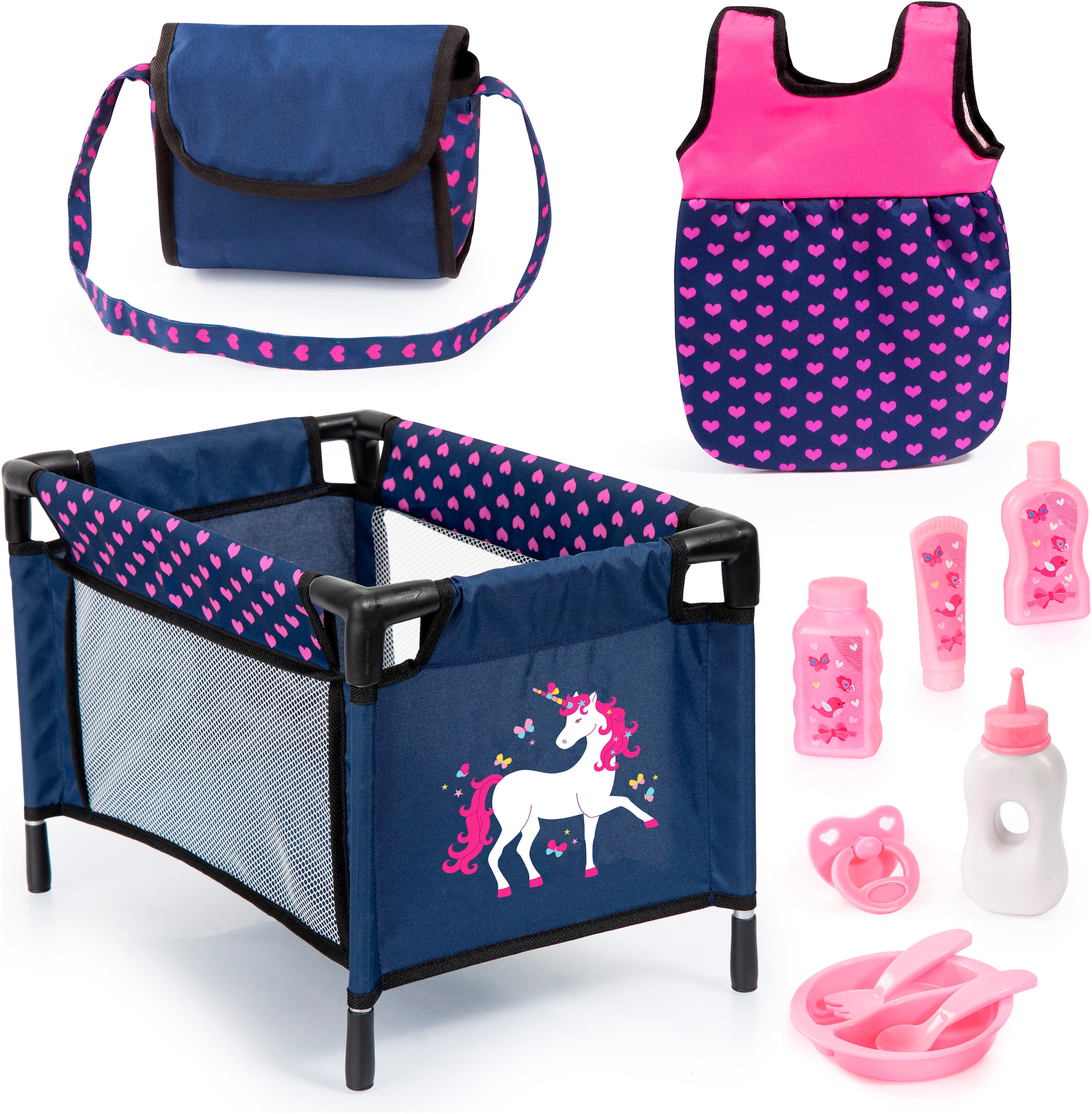 Image of Bayer Puppenmöbel "Puppen-Reisebett und Schlafsack blau/pink" mit Schlafsack, Wickeltasche und Zubehör für die Puppenpflege