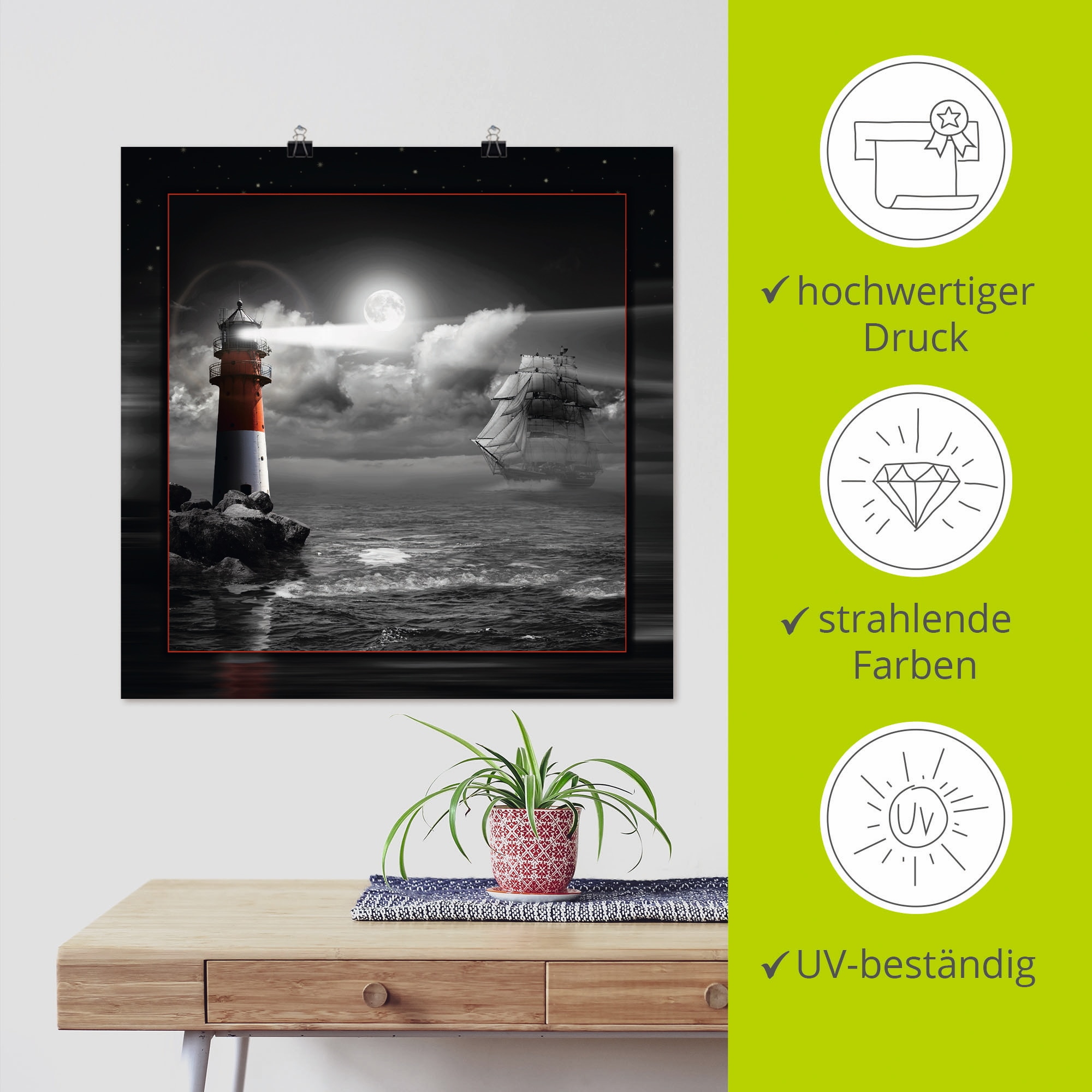 Artland Wandbild »Leuchtturm und Segelschiff im Mondschein«, Küste, (1 St.), als Leinwandbild, Poster, Wandaufkleber in verschied. Grössen