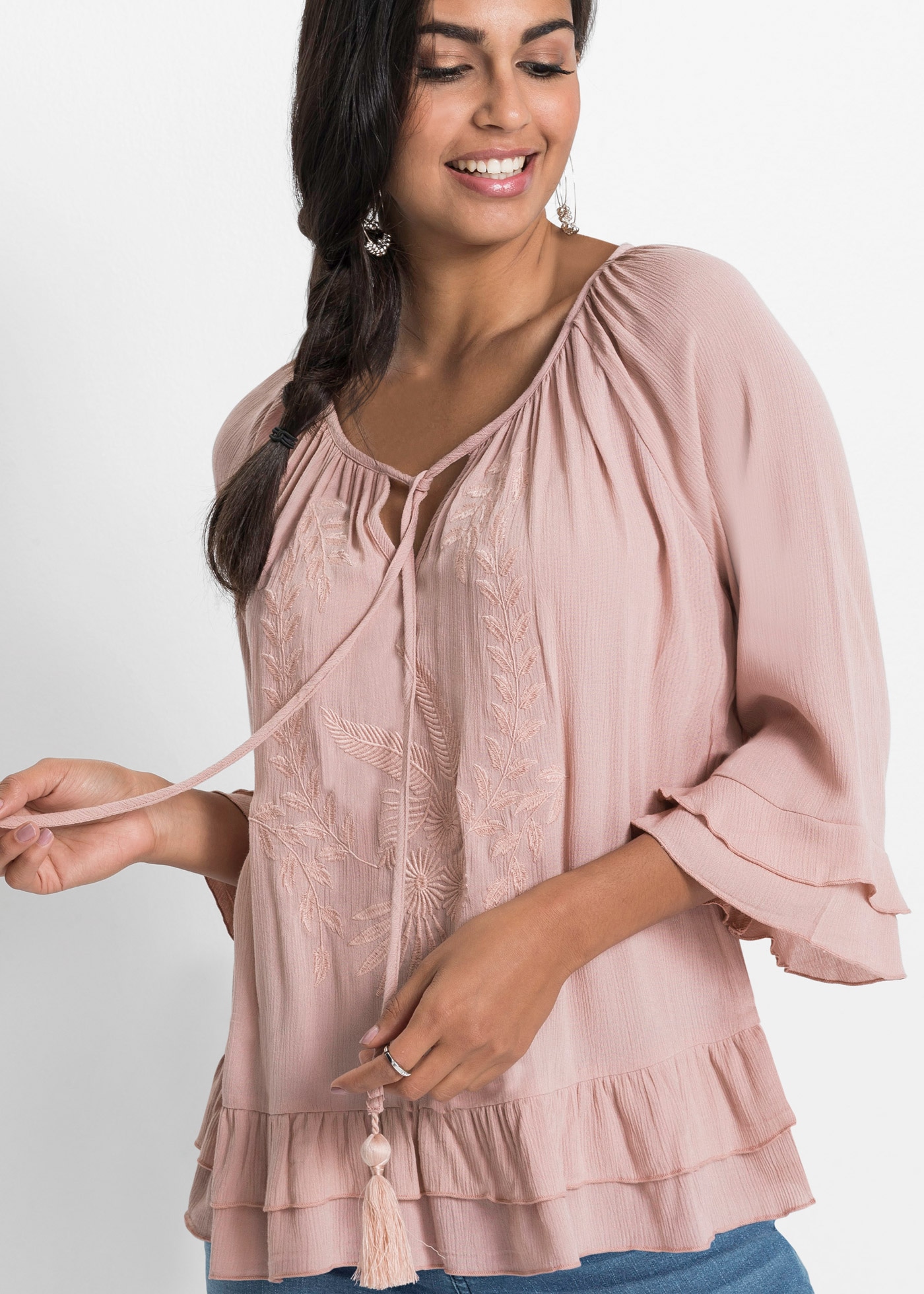 bonprix Tunika 1 A-Linien-Passform, mit 3/4-Ärmeln, gleichfarbige Stickerei