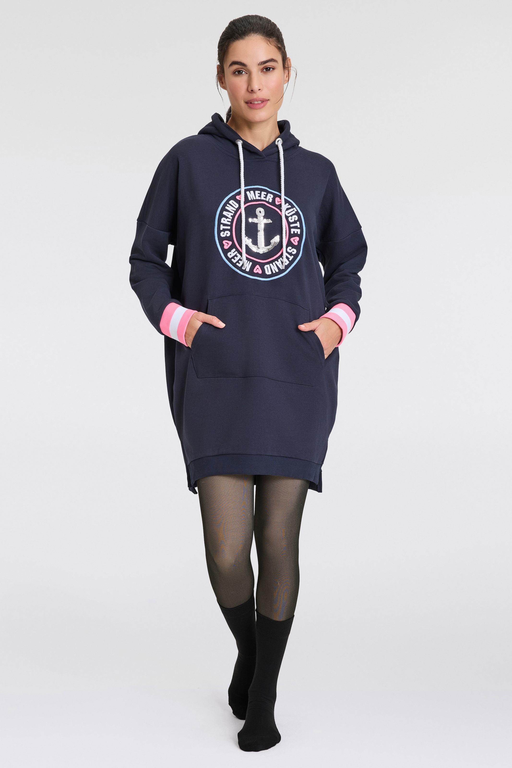 Zwillingsherz Sweatkleid »"Zuhause am Strand"«, mit Kapuze, Känguruhtasche, Pailletten, Neonstreifen, Seitenschlitze