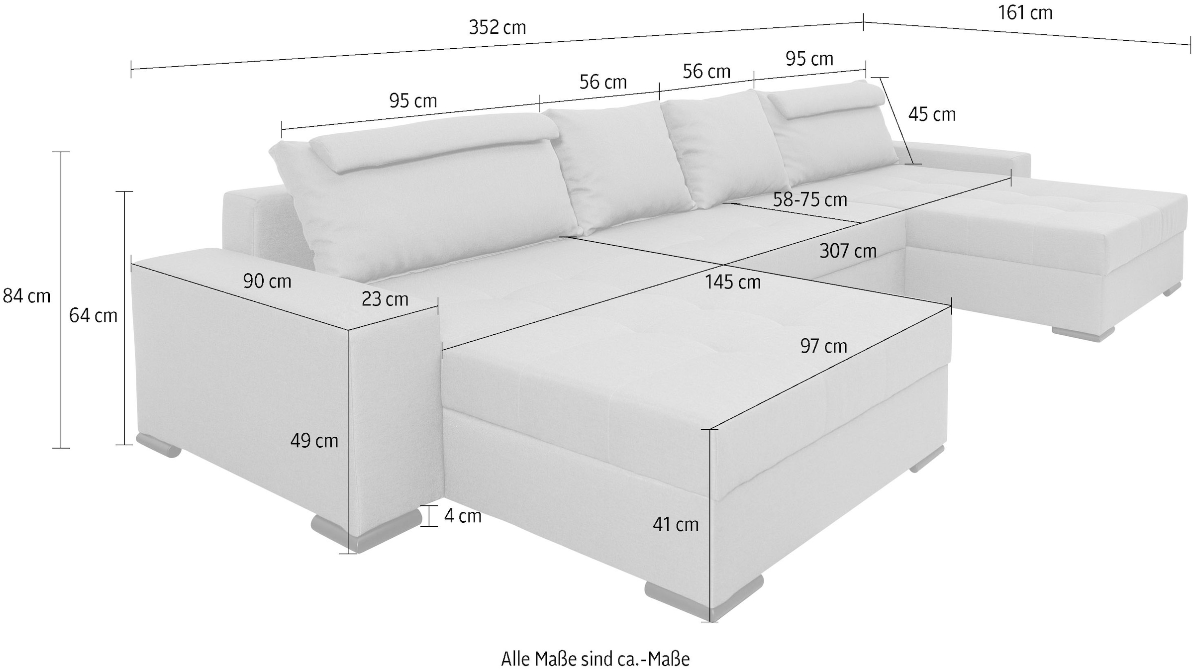 COLLECTION AB Wohnlandschaft »XXXL-Josy Relax U-Form Breite 352 cm, mit 2 gleich grossen Recamieren«, inkl. Bettfunktion, Bettkasten, mit 4 Rückenkissen in zwei Grössen