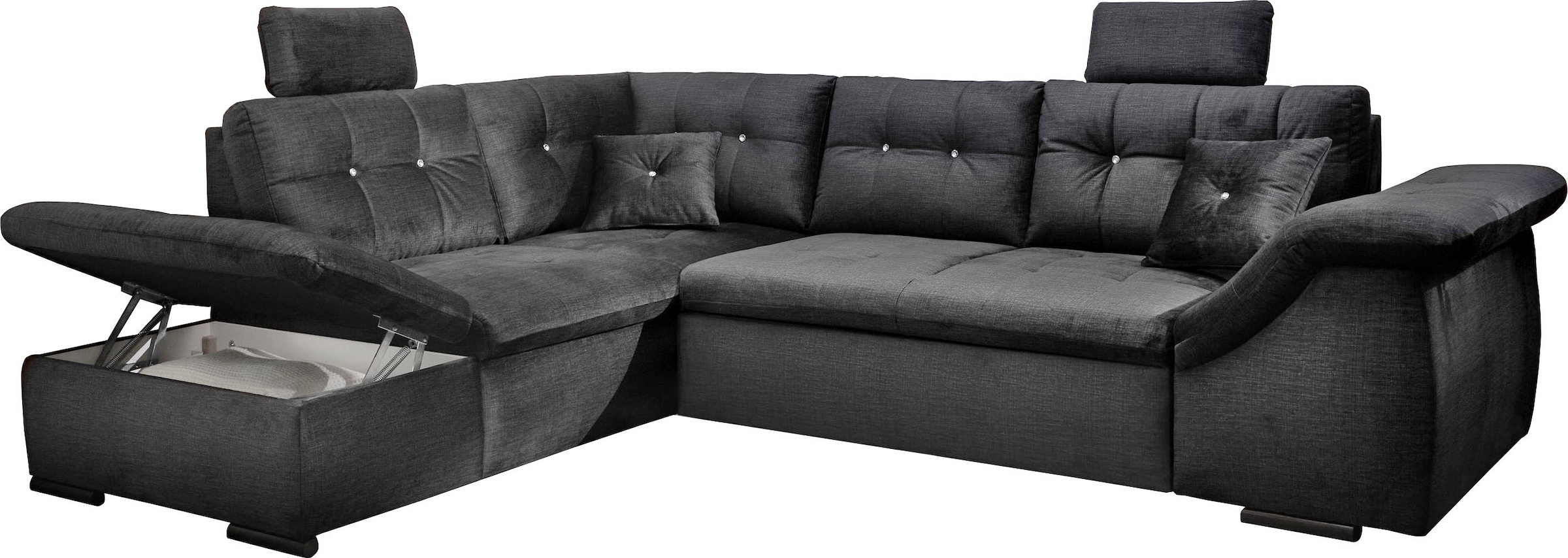 ED EXCITING DESIGN Ecksofa »Bolonia L-Form«, mit Bettfunktion, Bettkasten, Kopfstützen & 2 Zierkissen, Strasstein