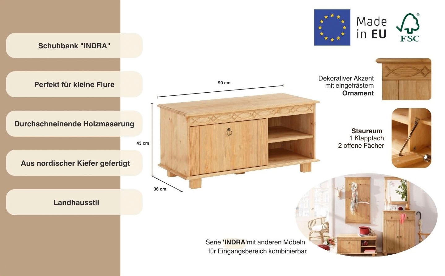 Home affaire Schuhbank »Indra«, aus massiver Kiefer, FSC®, Breite 90 cm, dezentes Ornament