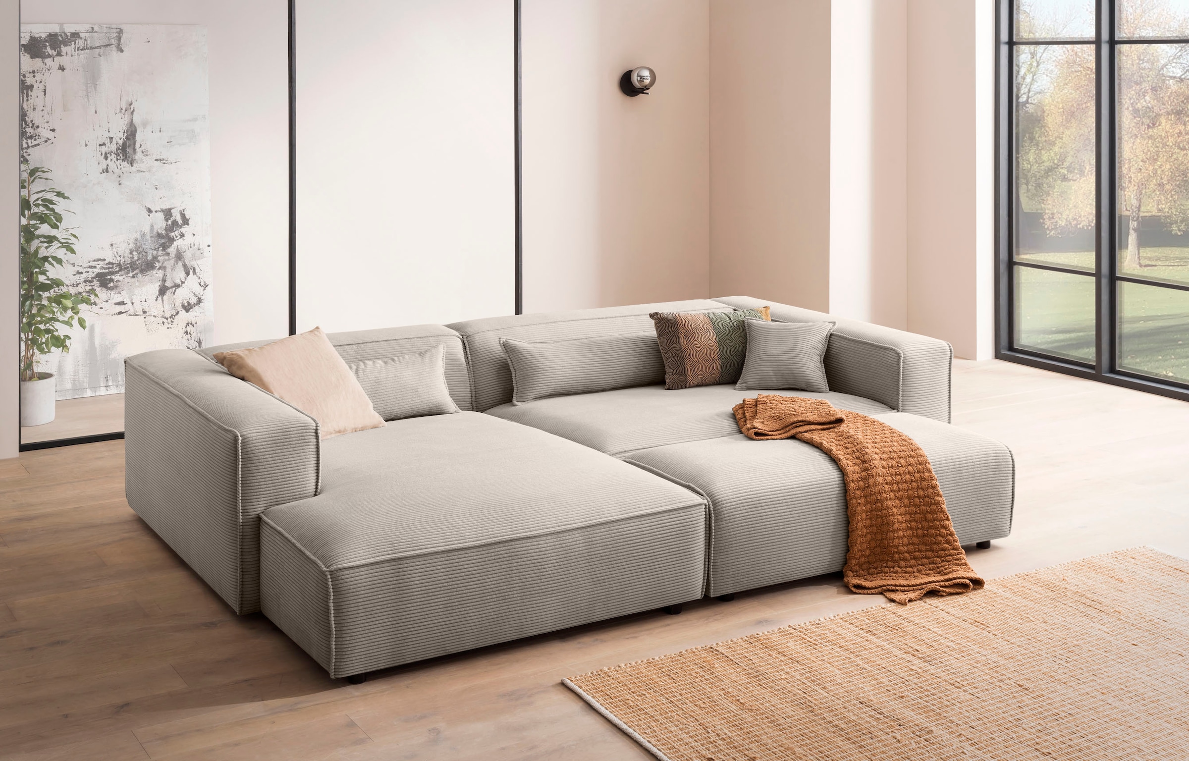 LeGer Home by Lena Gercke Polsterecke »PIARA XXL, L-Form, Schlaffunktion, Cord, Leinenoptik o. Strukturstoff«, Hocker stellbar zum Schlafsofa (Krokodilverbinder), tiefe Sitzfläche