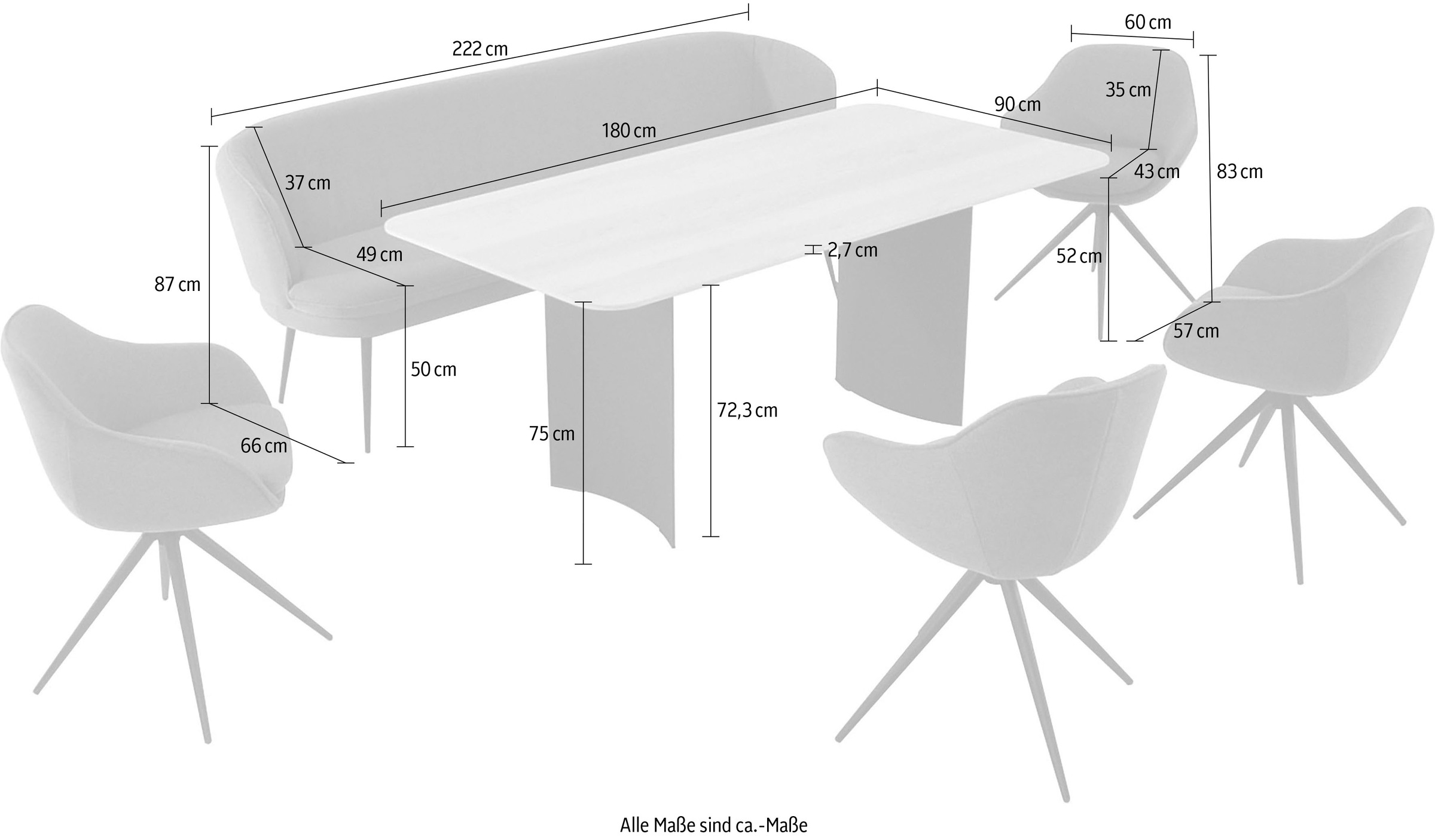 K+W Komfort & Wohnen Ensemble de salle à manger »ZOOM« ensemble repas arrondi en mix de matériaux, banc solo, 4 fauteuils et 1 table