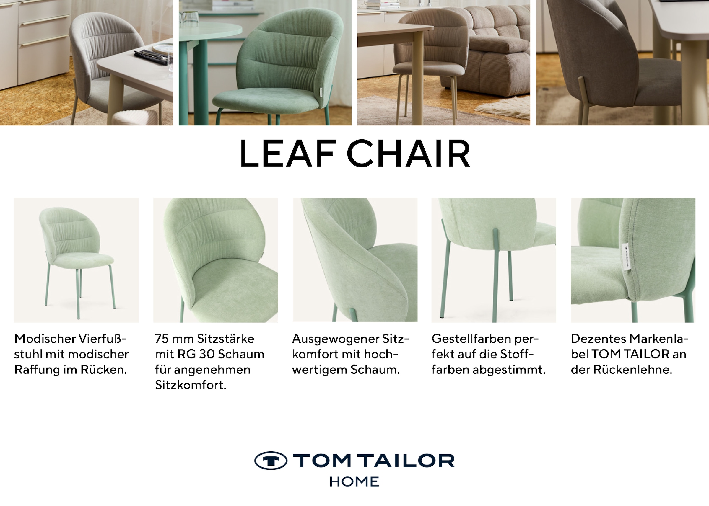 TOM TAILOR HOME Chaise à 4 pieds »LEAF CHAIR« (Set) 2 cuis4-Fussgestell, Raffung in der Rückenlehne