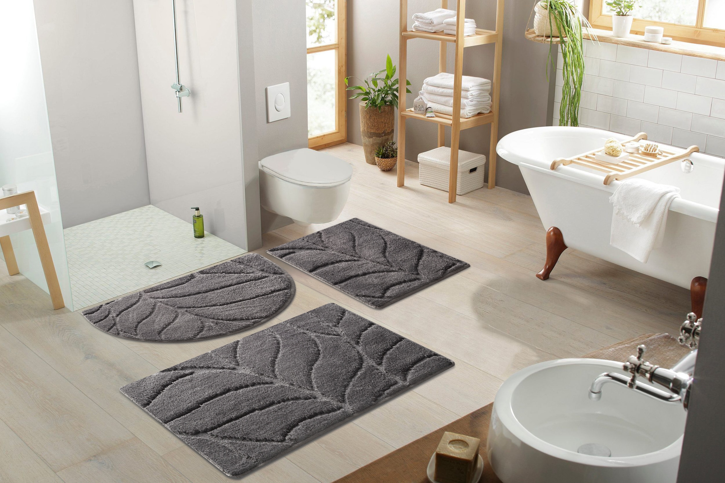 my home Badematte »Epense, Badvorleger, Badezimmer Teppich, Duschvorleger«, fussbodenheizungsgeeignet-schnell trocknend, Badteppich, Uni Farben, Blätter, Hoch-Tief Effekt