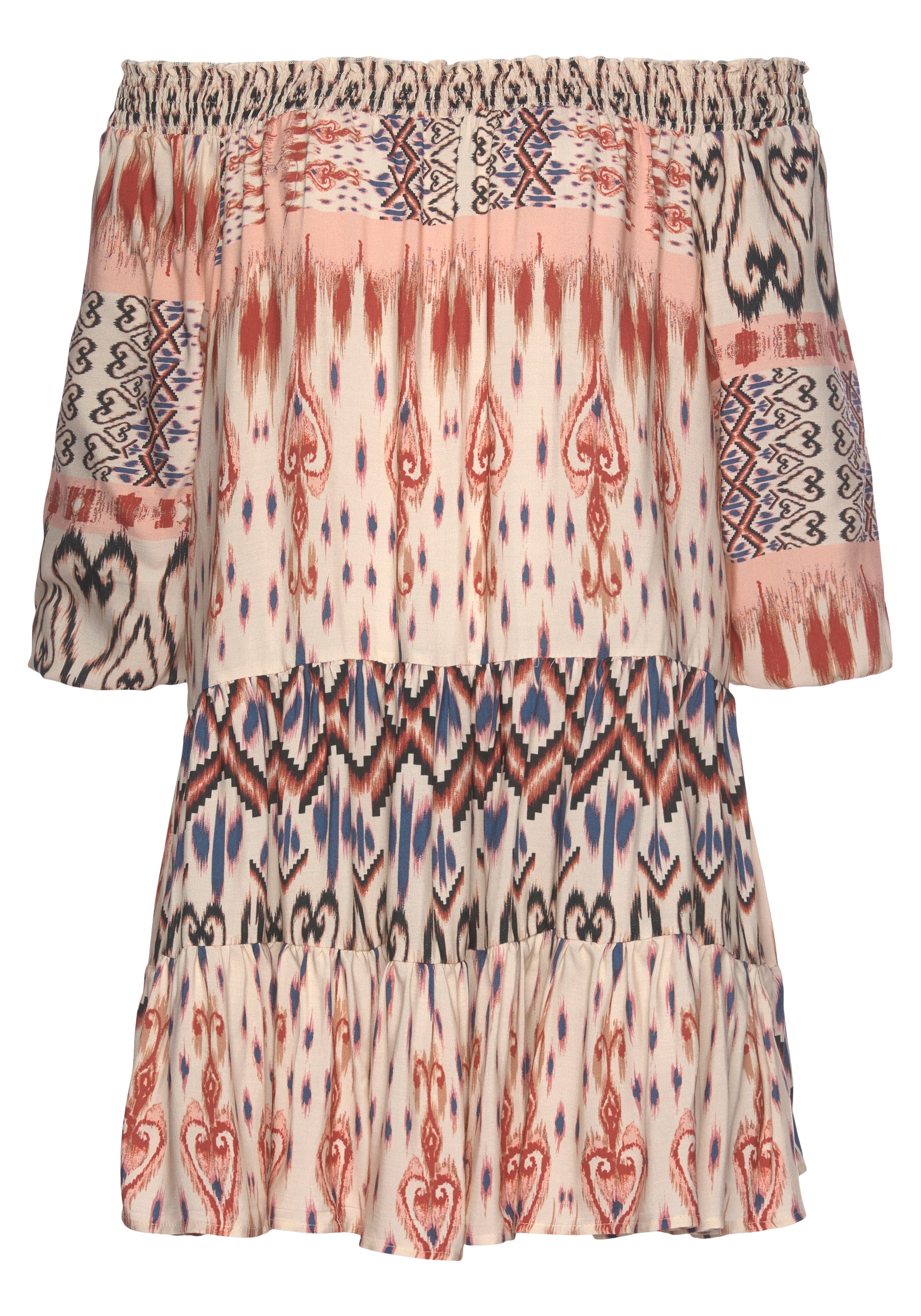 Buffalo Tunikakleid "mit Carmenausschnitt, luftiges Strandkleid mit Ethnomuster" Ohne Taschen Beachkleid, Sommerkleid, Viskosekleid, Hängerchenkleid, Festival