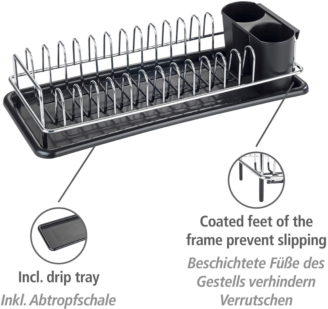 WENKO Geschirrständer »Single«, (1 tlg.), mit abnehmbarem Besteckkorb und Abtropfschale, verchromtes Metall