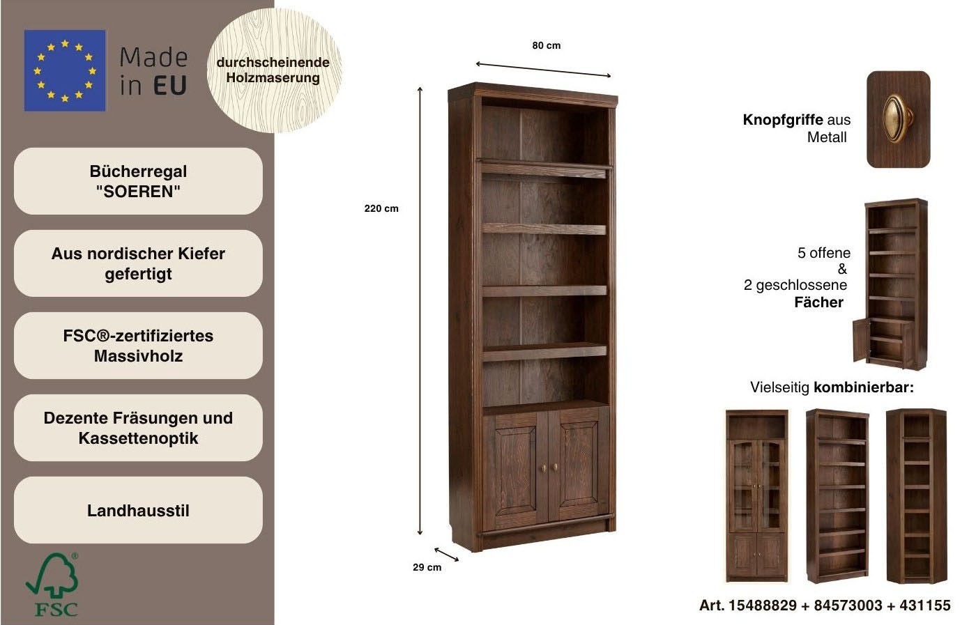 Home affaire Étagère à livres »Soeren« aus massiver Kiefer, Höhe 220 cm, mit 2 Holztüren, viel Stauraum