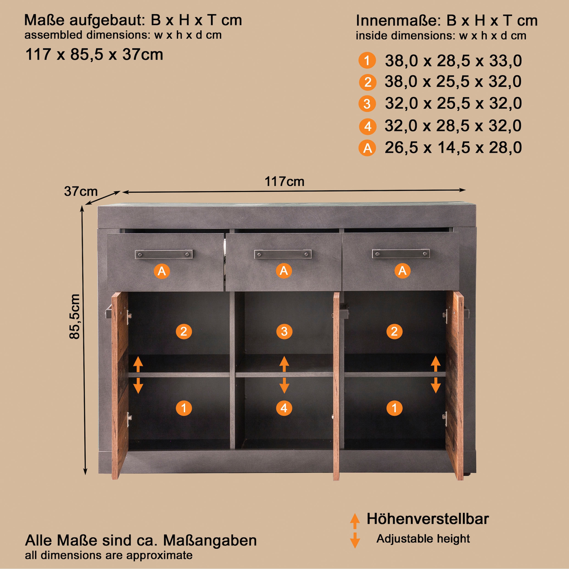 Home affaire Commode »Ilana« Kommode mit 3 Türen & 3 Schubladen - (B/T/H) 117/37/86 cm