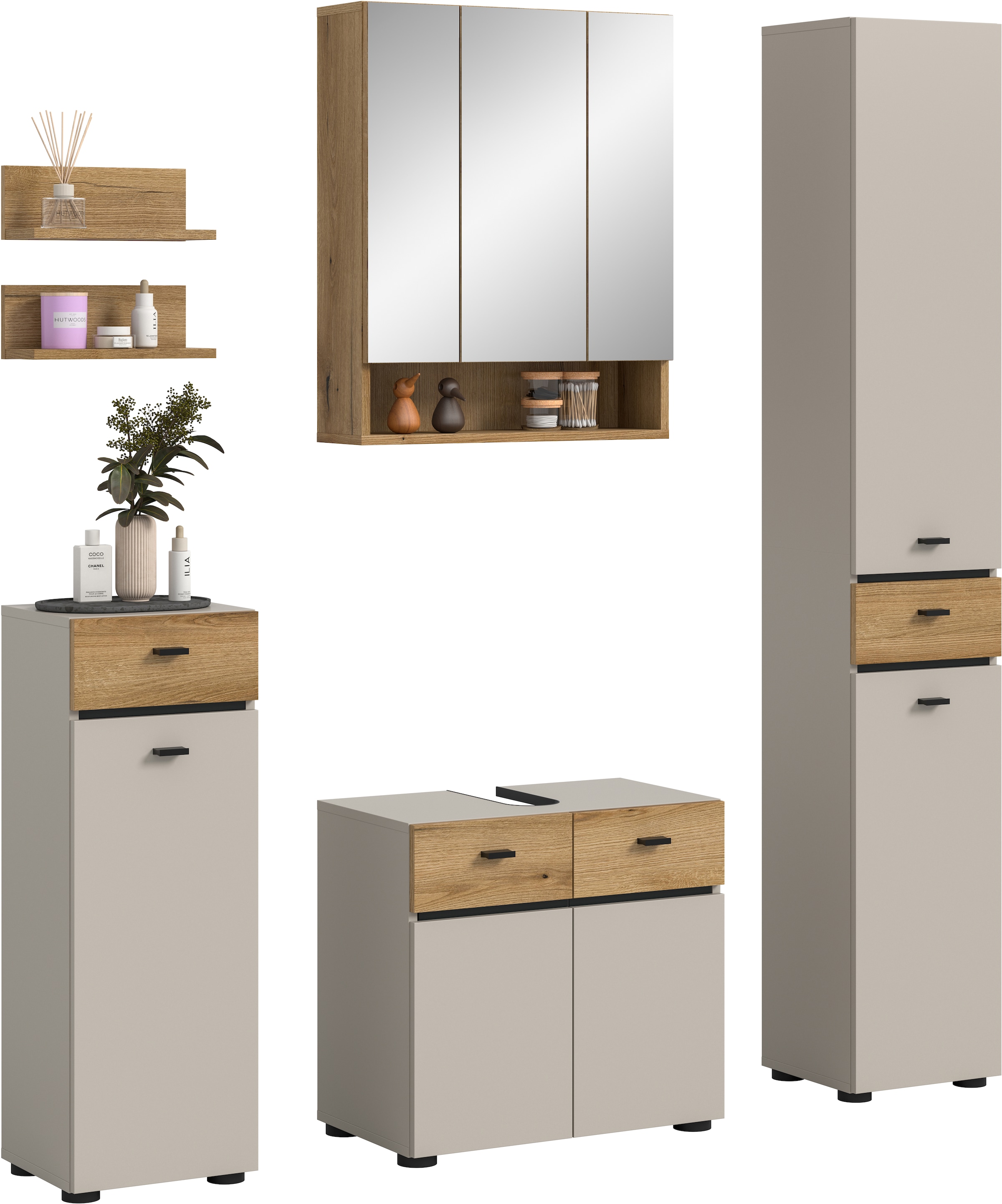 Image of welltime Badmöbel-Set "VANN, 6-teilige moderne Badkombination, individuell stellbar" Midischrank, 2er Set Wandregal, WBU, Spiegelschrank, Hochschrank, 6 Stk. tlg.