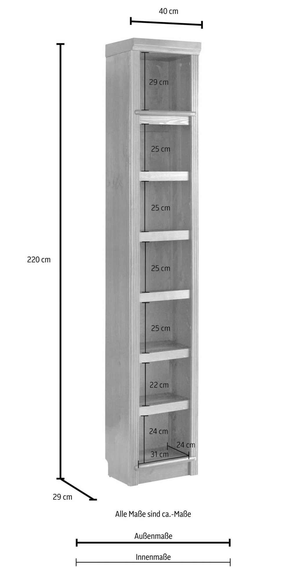 GOODproduct Étagère à livres »Soeren Regal B/T/H: 40/29/220 cm« Pin certifié FSC®, 7 compartiments et 6 étagères amovibles