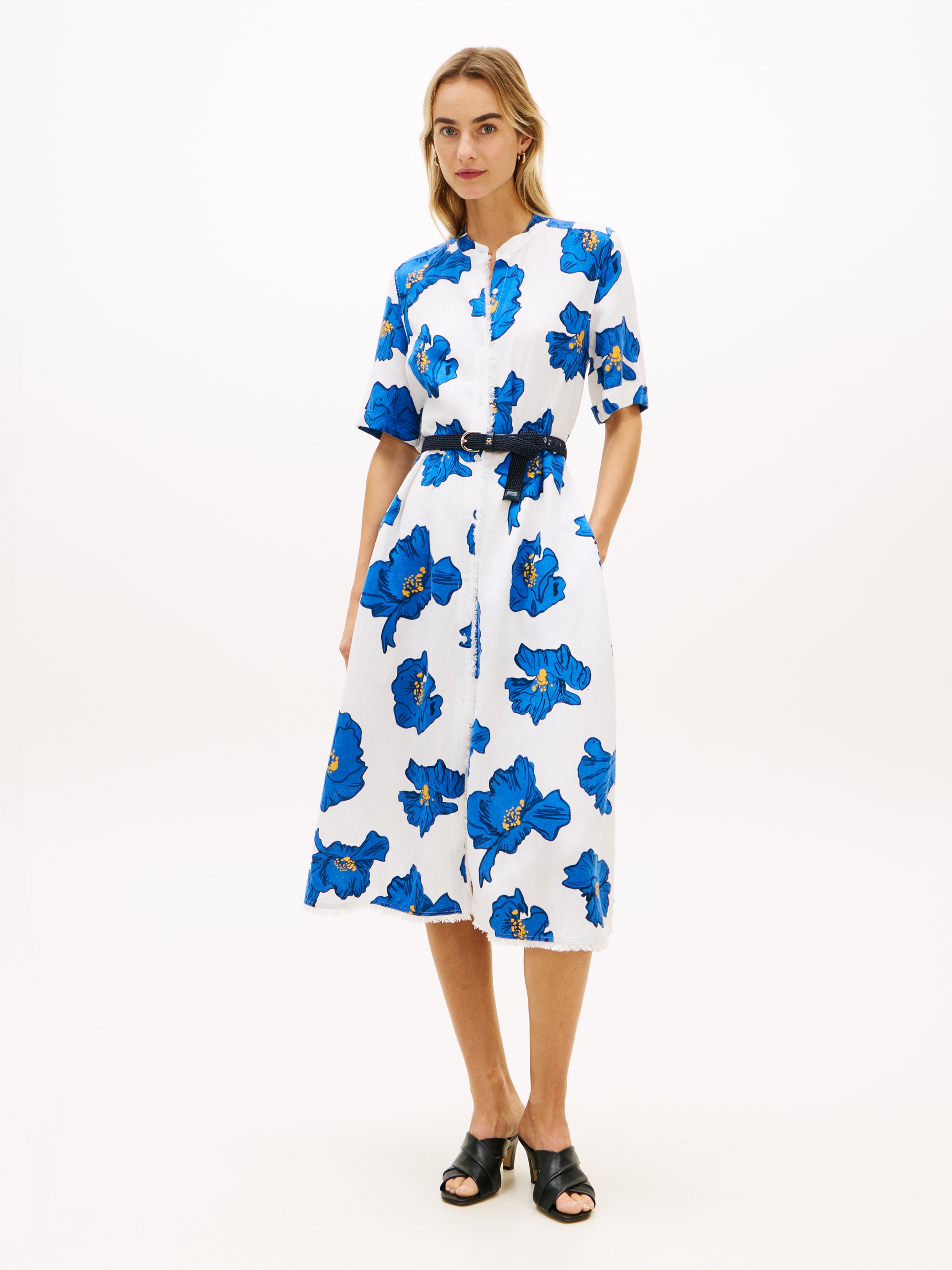 Image of Tommy Hilfiger Midikleid "FRAYED VIS/LINEN SHORT SLEEVE SHIRT DRESS" Eingrifftaschen Leinen-Mix, mit seitlichen Eingrifftaschen