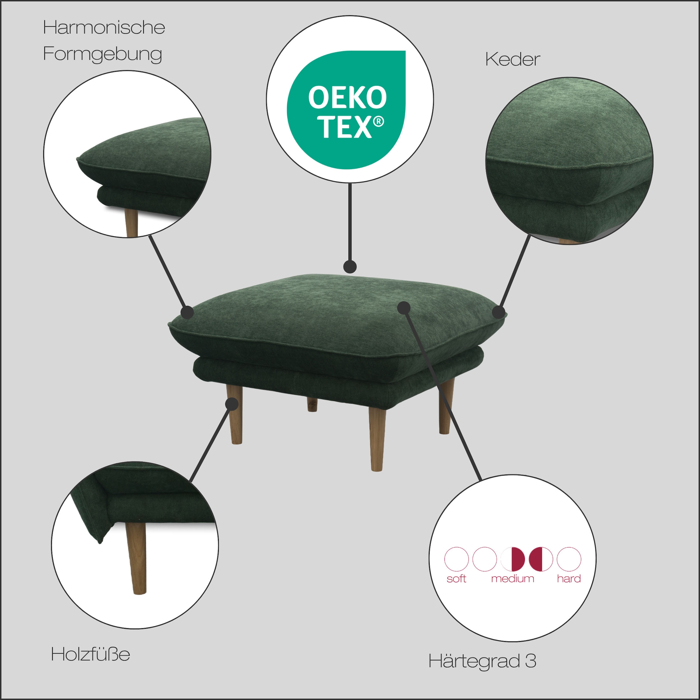 DOMO collection Hocker »Leuven« angenehm feste Polsterung, bodenfrei, 19 cm hohe Holzfüsse