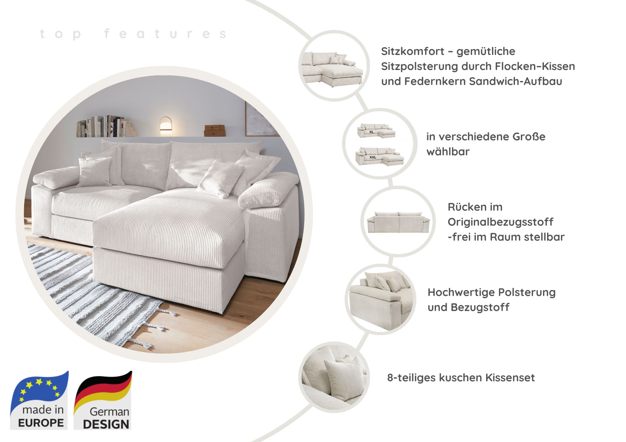 Home affaire Canapé d'angle »Soft&Cosy XXL L-Form, B: 303 cm - OTTO. Verlässliche Qualität.« Mega-Sofa, Cord oder Chenille-Struktur, mit Federkern & 4 Zierkissen