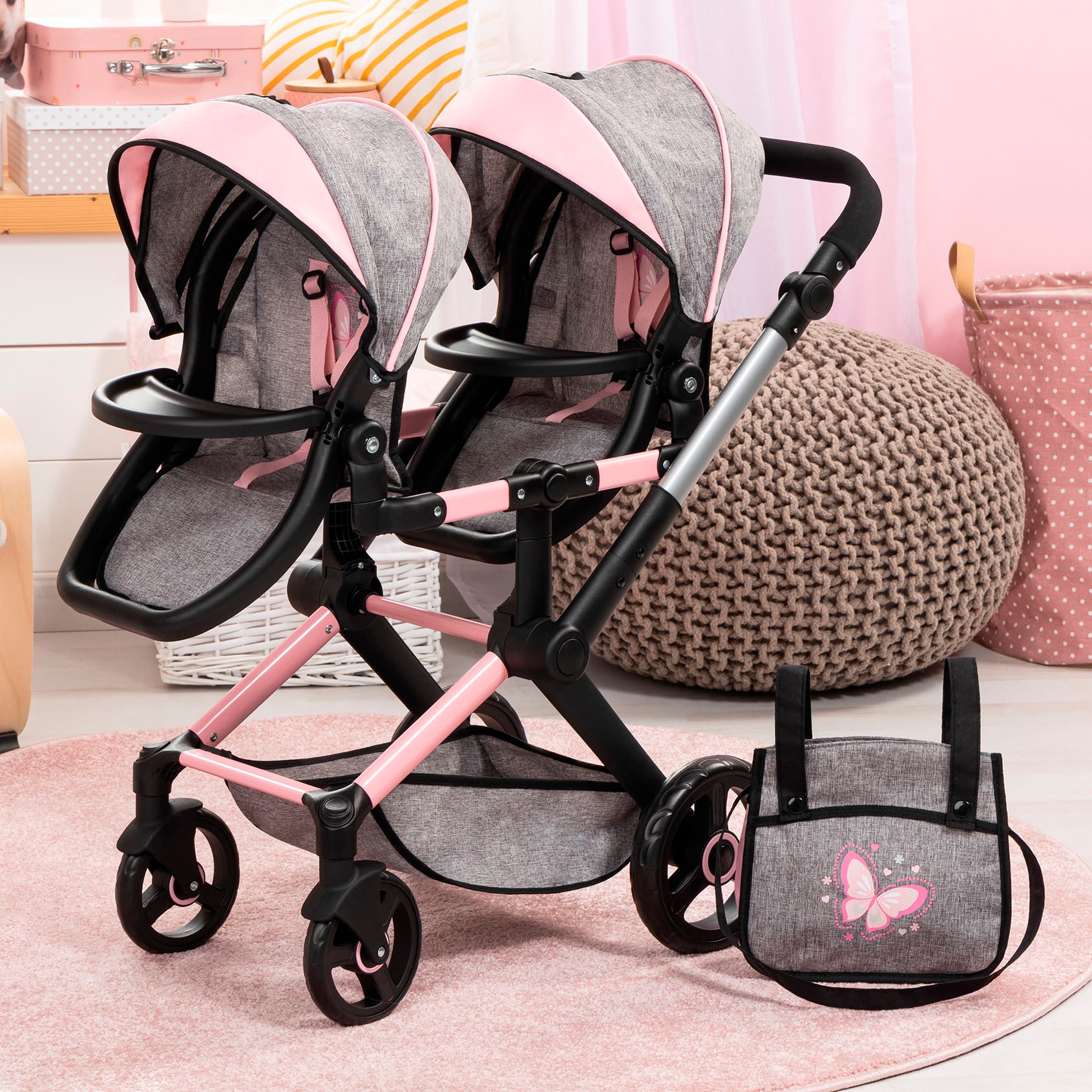 Bayer Poussette jumelle pour poupée »Xeo Twin grau/rosa« mit Wickeltasche