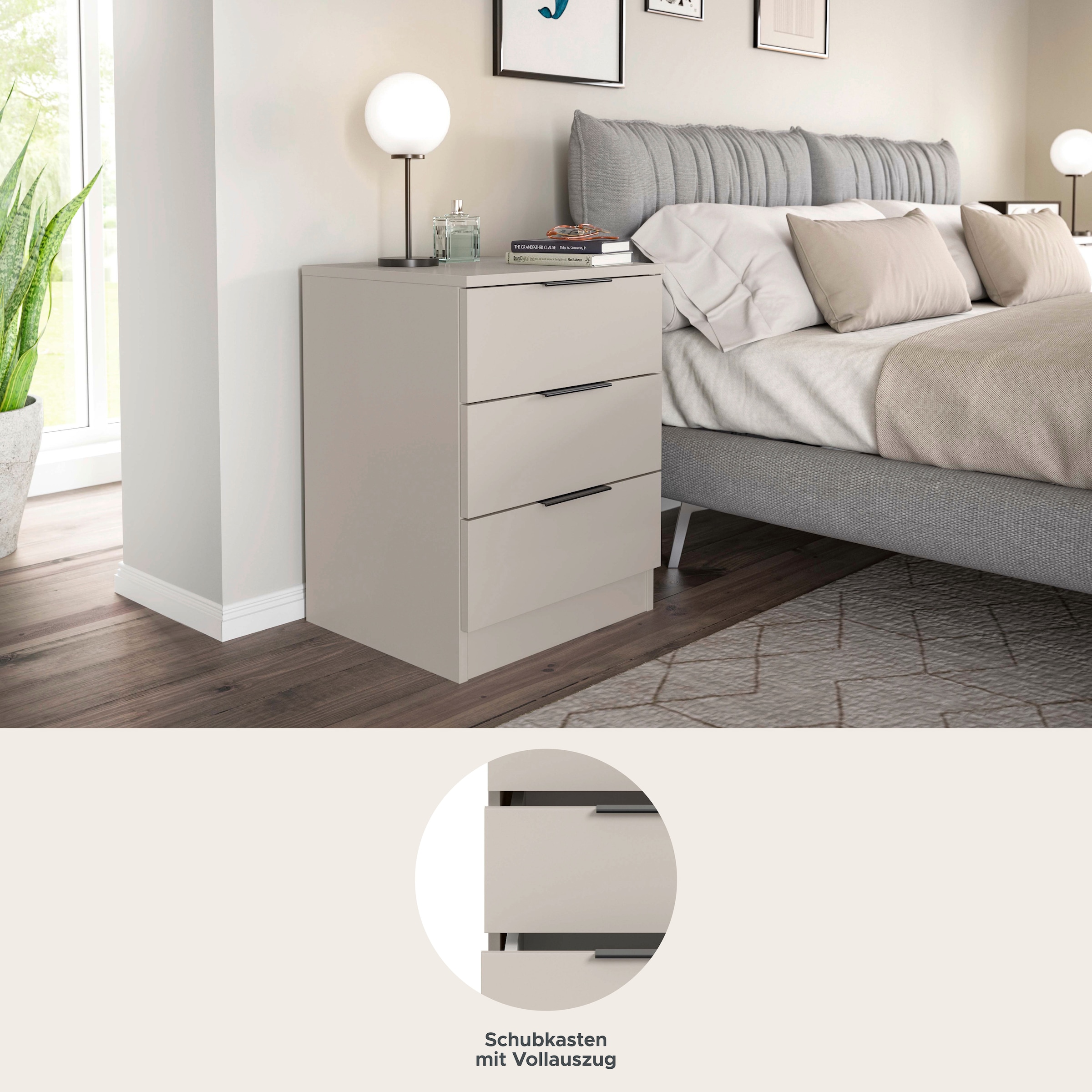 Home affaire Table de nuit »Skarde 2 Nachttische, jeweils Breite: 45 cm« Set, Sie bekommen 2  Nachttische im Set, 2 cuis tlg. Skarde, 2er Set Nachtkommoden, 3 Schubkästen, kashmir