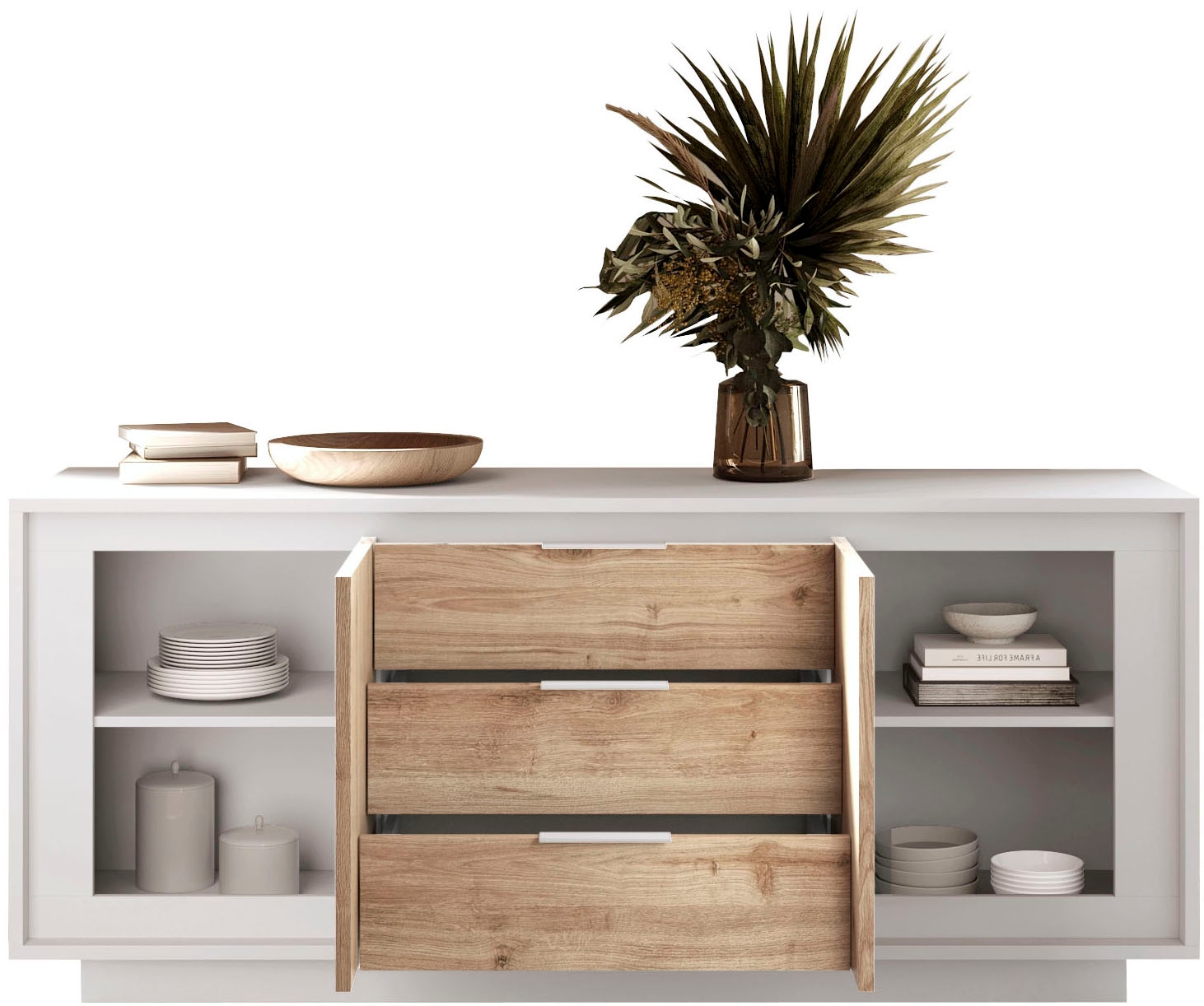 Home affaire Buffet »Sky, B/T 180/50 cm, Kommode/Stauraumschrank, 2 Türen, 3 Schubkästen« Fermeture douce, corps & façade épais de 22 mm, aspect cadre, poignées en métal