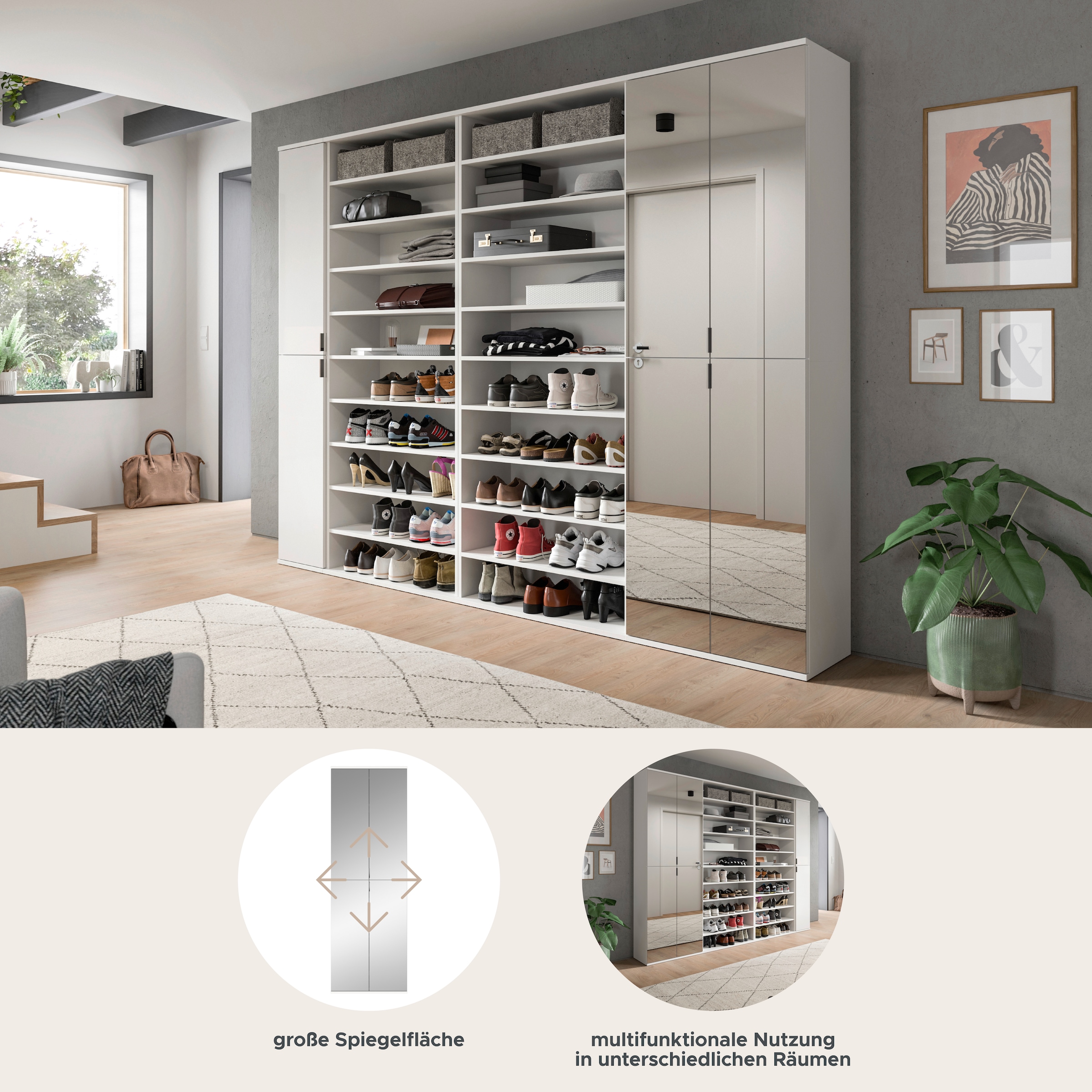 INOSIGN Garderoben-Set »Trondheim, Garderobenset 4-tlg. Breite 232 cm,«, (4 St.), hochglanz, best. aus: Spiegelschrank, 2x Schuhregal, Schrank, Flur