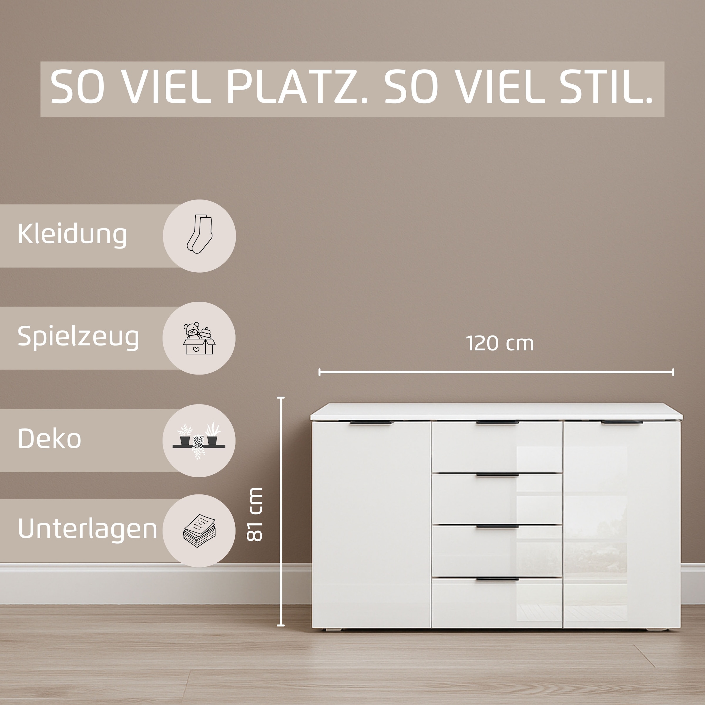 GOODproduct Kombikommode »Sideboard Kombikommode Schubladenkommode AGORDO mit Glasfront« in zwei Griff-Farben, Breite 120 cm,  vier grosse Schubladen, mit insgesamt 4 Einlegeböden MADE IN GERMANY