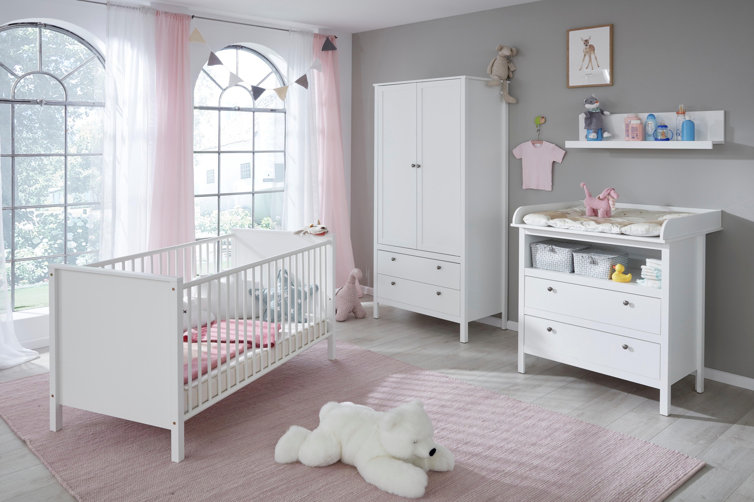 Image of trendteam Babyzimmer-Komplettset »Ole«, (Set, 4 St., Bett, Wickelkommode, Schrank, Wandboard), (4 tlg.) Bett + Wickelkommode + 2 trg. Schrank + Wandbord bei Ackermann Versand Schweiz