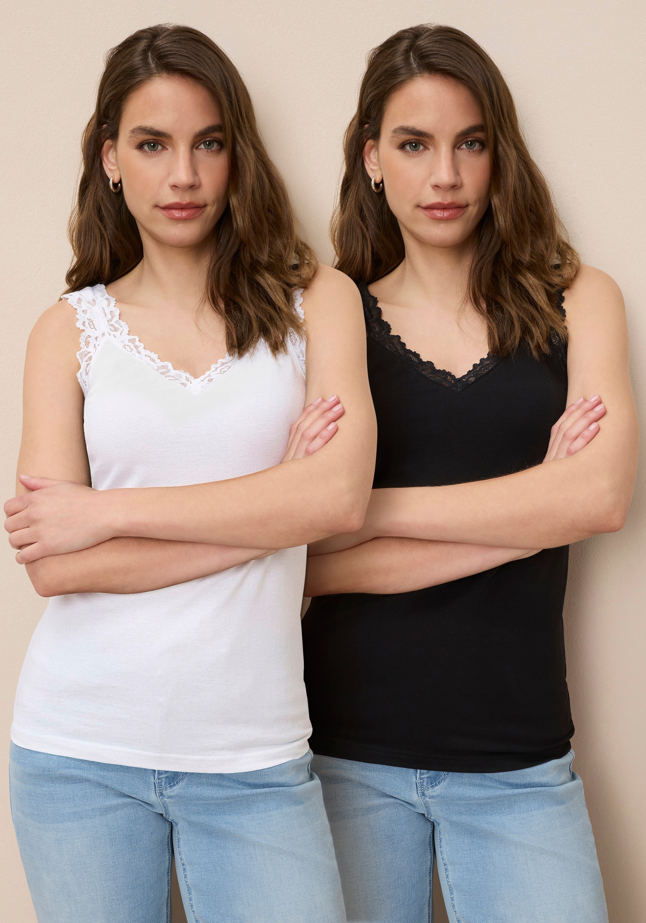 Image of Tamaris Spitzentop mit femininen V-Ausschnitt, figurbetont