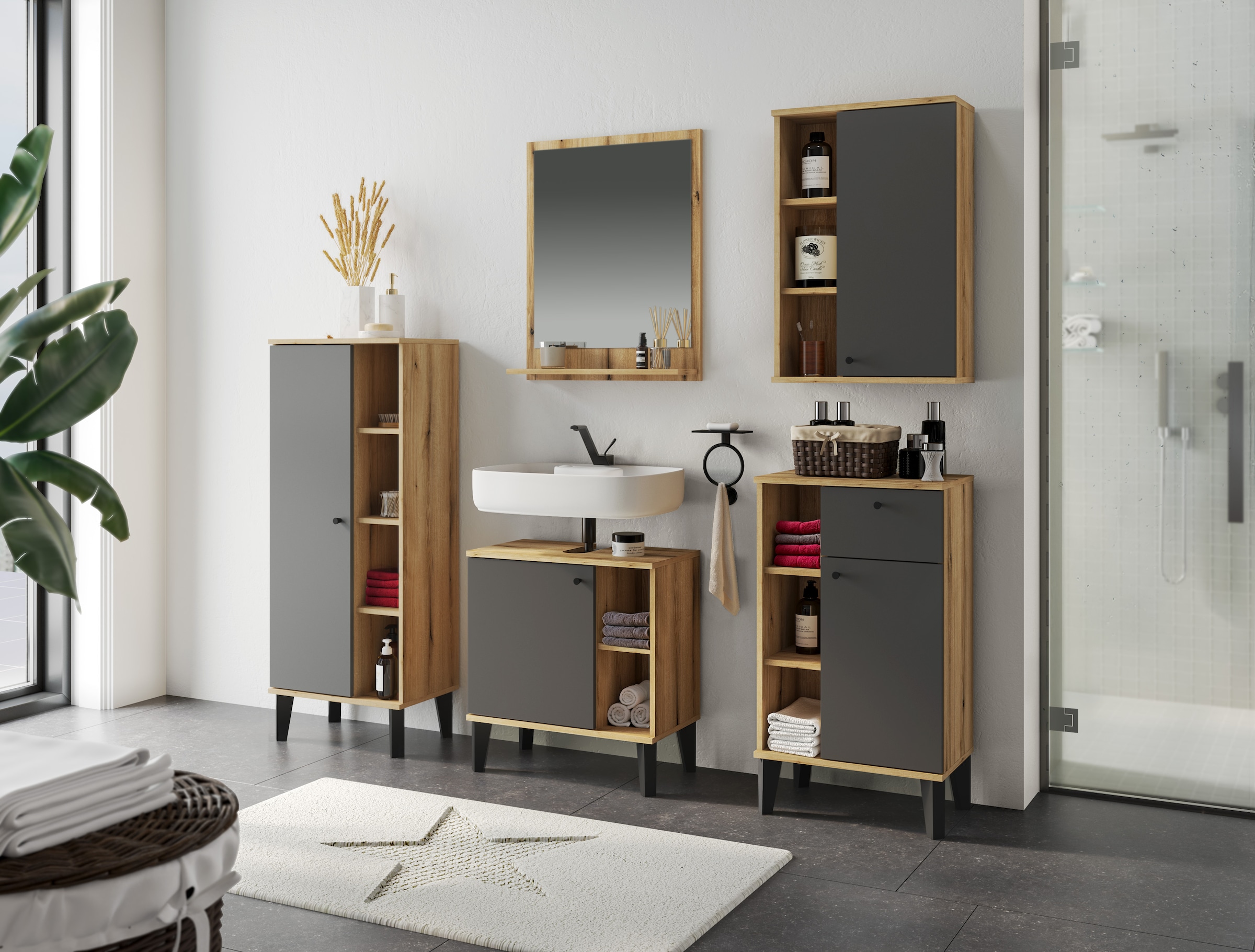 INOSIGN Badmöbel-Set »OSLO, Bad im skandinavischen Design, 5-teiliges Badezimmer« Set, 5 Stk. tlg.