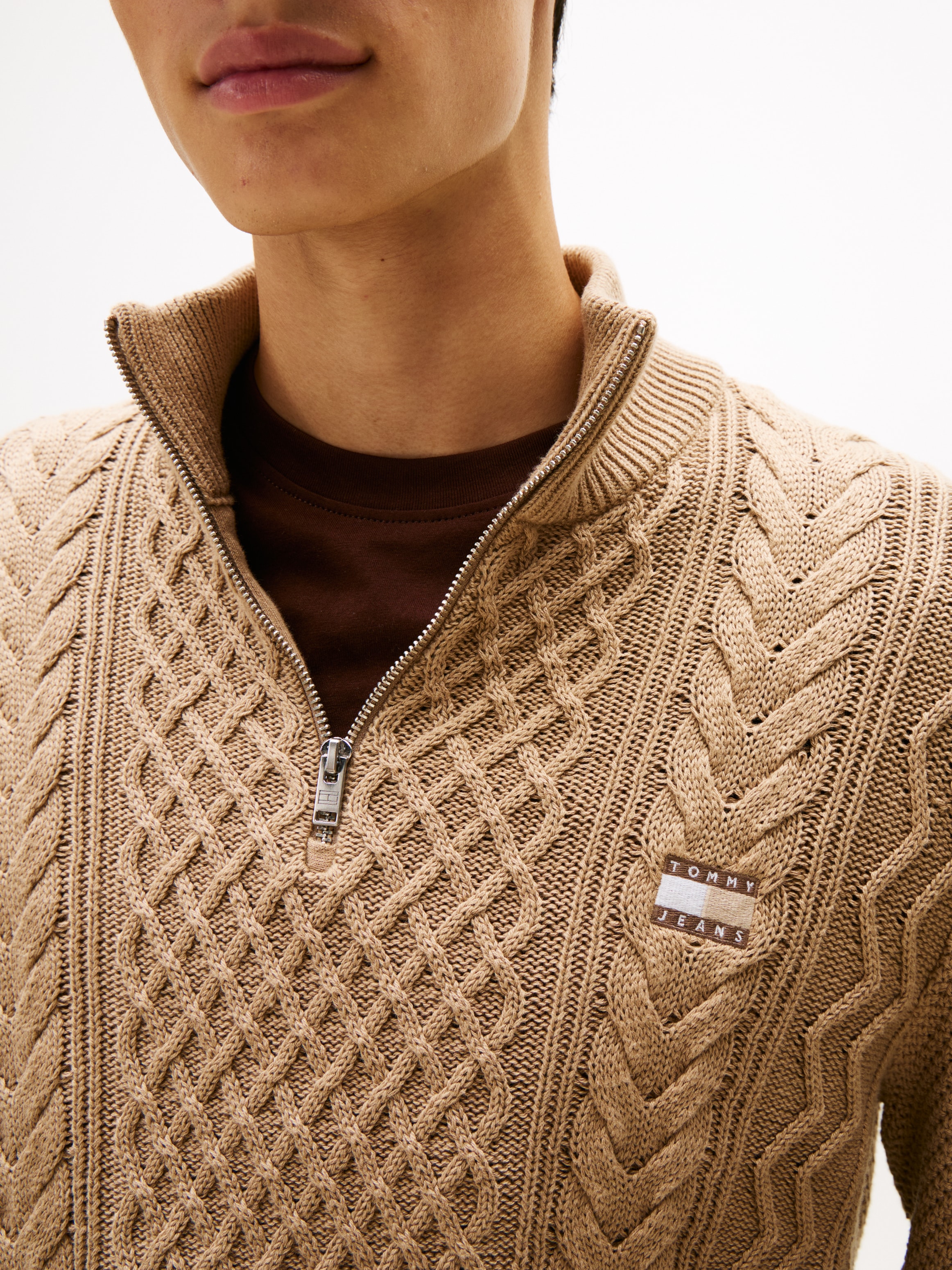 Tommy Jeans Strickpullover, Troyer-Kragen mit Reissverschluss, slim fit, Zopfstrick-Muster