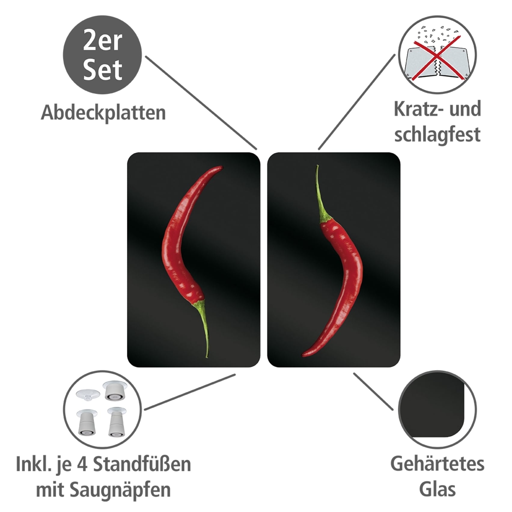 WENKO Herd-Abdeckplatte »Universal Modell Hot Peperoni«, (Set, 2 tlg.), Herdabdeckung für alle Herdarten, kratzfest, mit rutschfesten Füssen