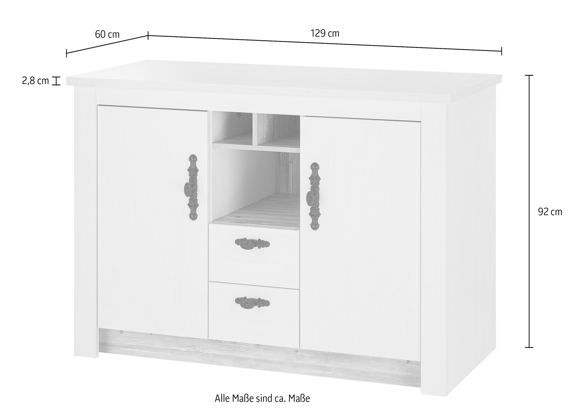 Home affaire Spülenschrank »Florenz, Küchenunterschrank in Pinie Weiss, Unterschrank«, mit verschnörkeltem Metallgriff, im Landhausstil, Arbeitshöhe 92 cm