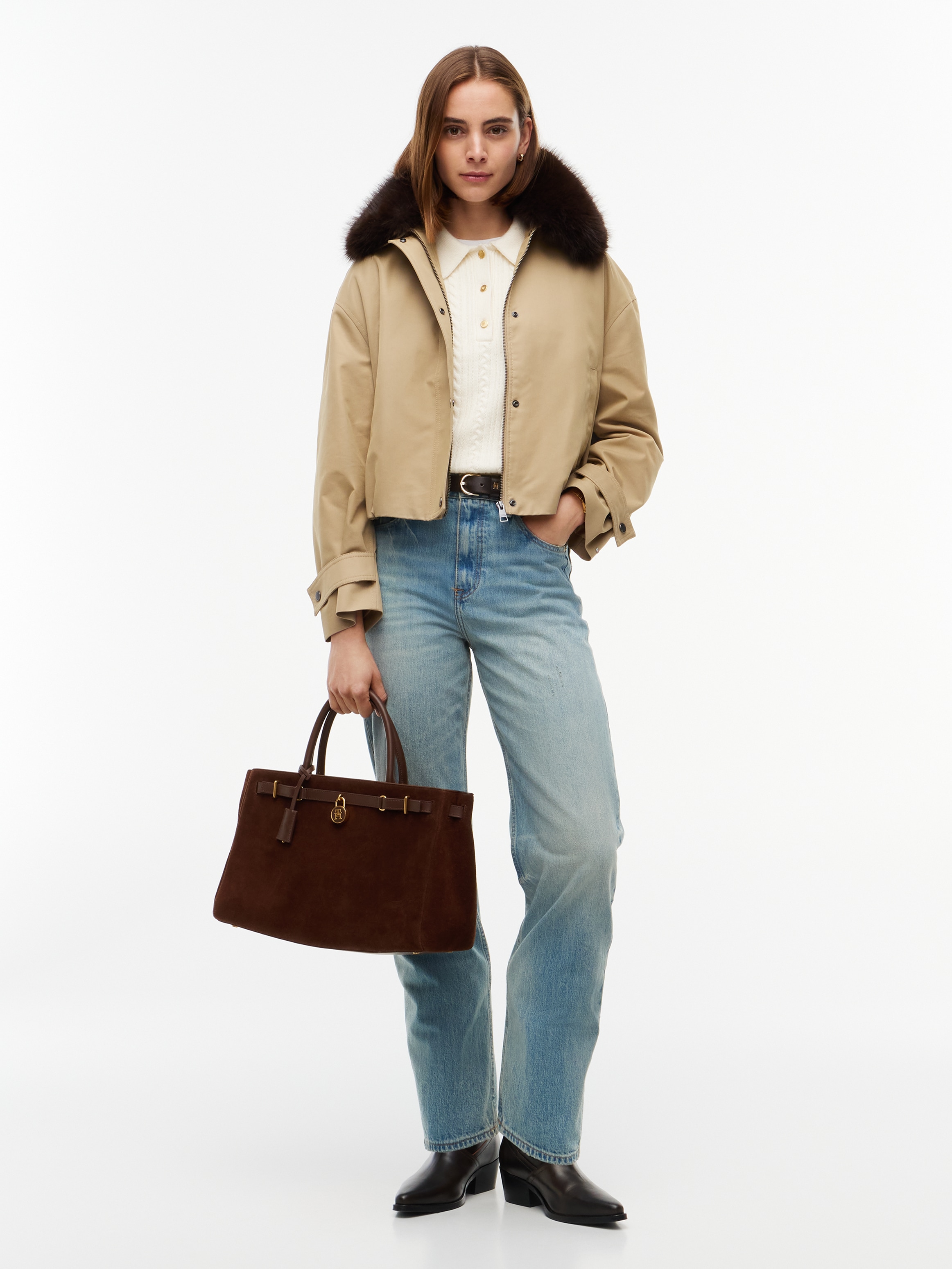 Tommy Hilfiger Sac à main »AMERICAN ICON TOTE SUEDE« Sac à bandoulière pour femme, sac épaule avec serrure bijou TH