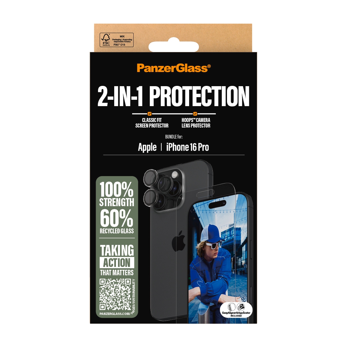 PanzerGlass Displayschutzglas »2-in-1 Protection, Glass, Lens Protector«, für Apple iPhone 16 Pro, Displayschutzfolie, Schutzfolie, Bildschirmschutz, kratz- & stossfest