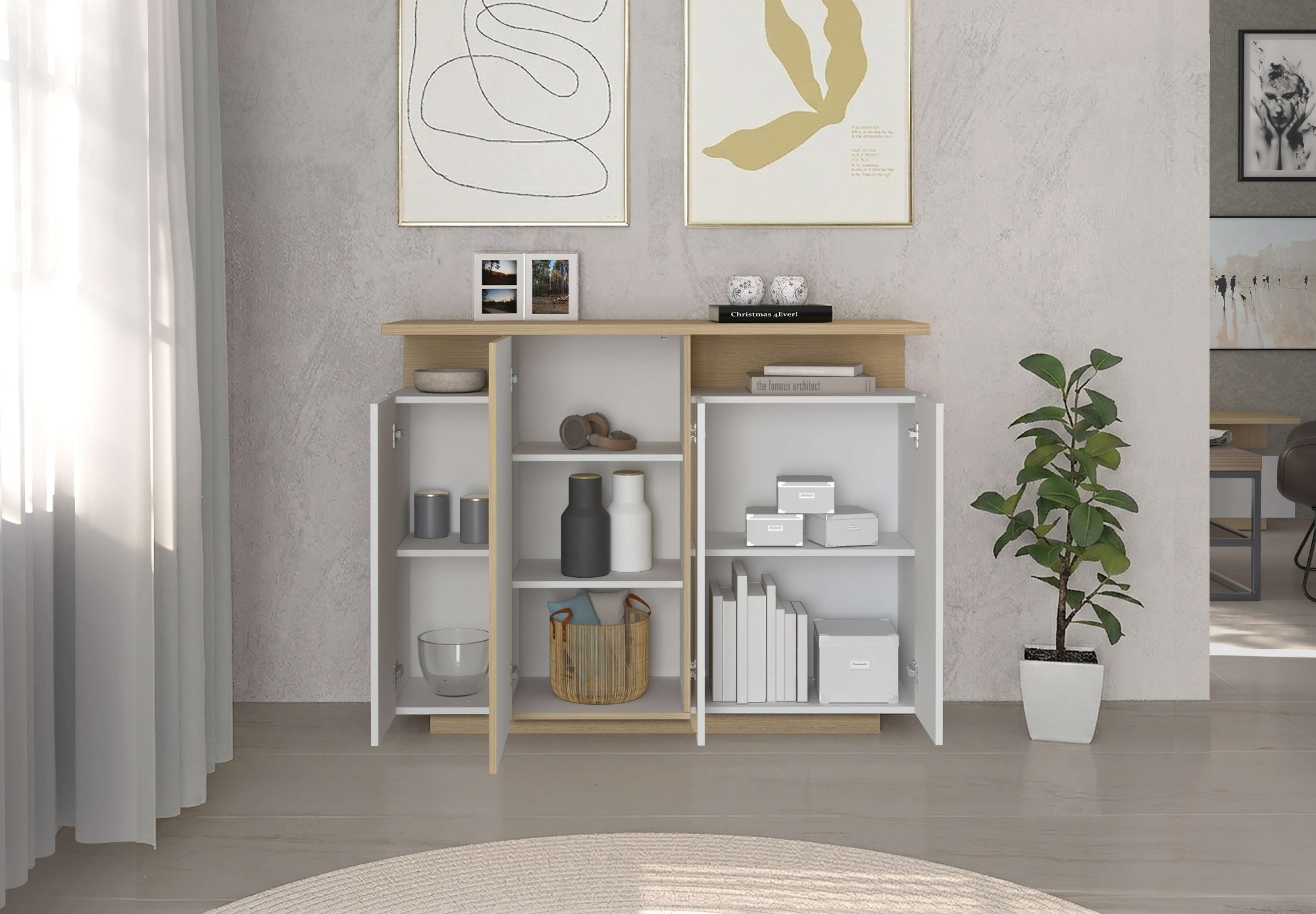 GOODproduct »Highboard ETHOS, Kommode, Schrank, Kredenz« 1 cuis tlg. Avec 4 portes pivotantes, 9 compartiments intérieurs et 2 compartiments extérieurs, L.130 cm