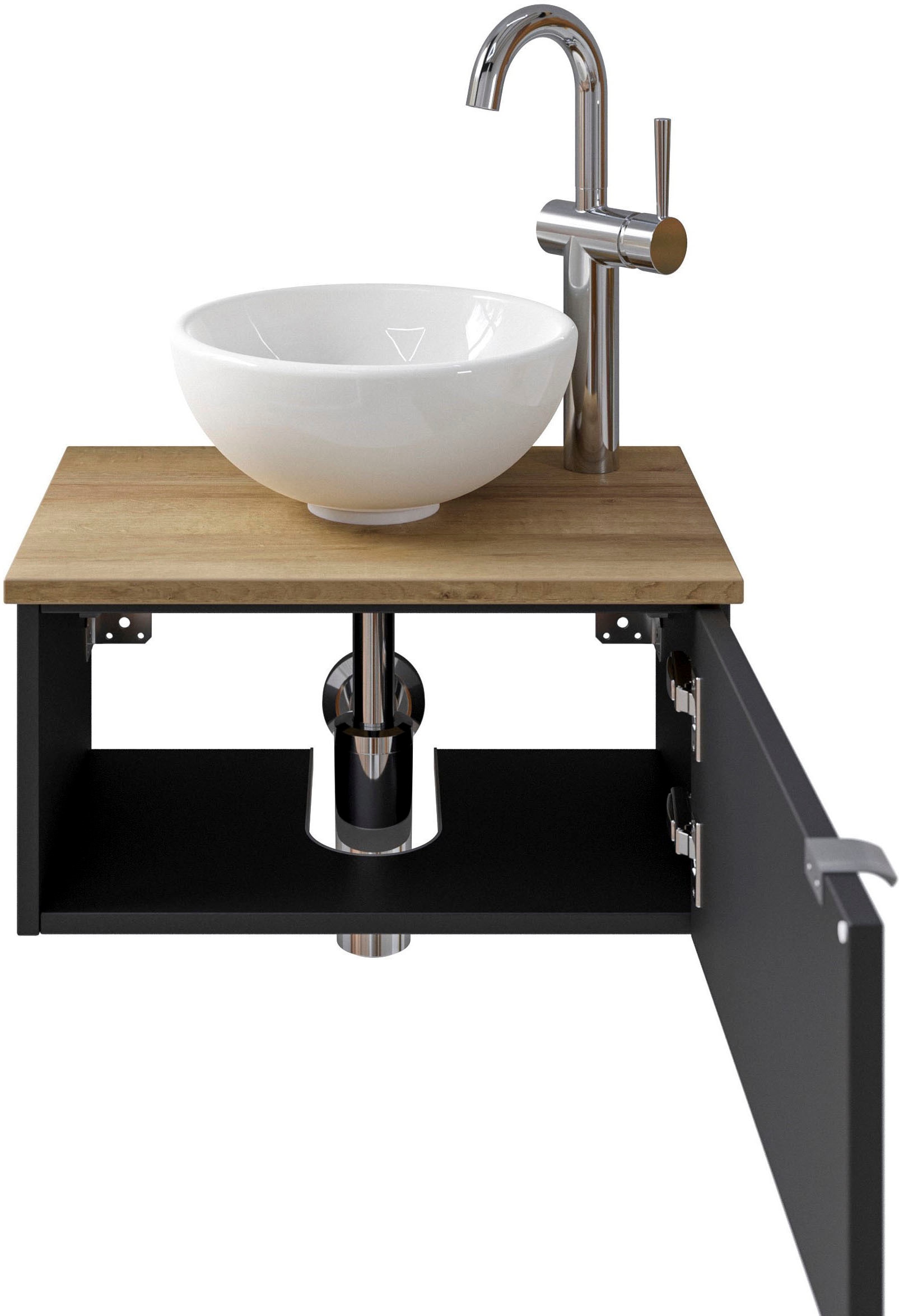 Saphir Table de lavage »Serie 6915 Waschschale mit Unterschrank für Gästebad, Gäste WC« Vasque en céramique à poser, plan de lavabo, meuble sous lavabo, 3 cuis tlg. 51 cm de large, 1 porte, plan de lavabo, petites salles de bain, sans robinet