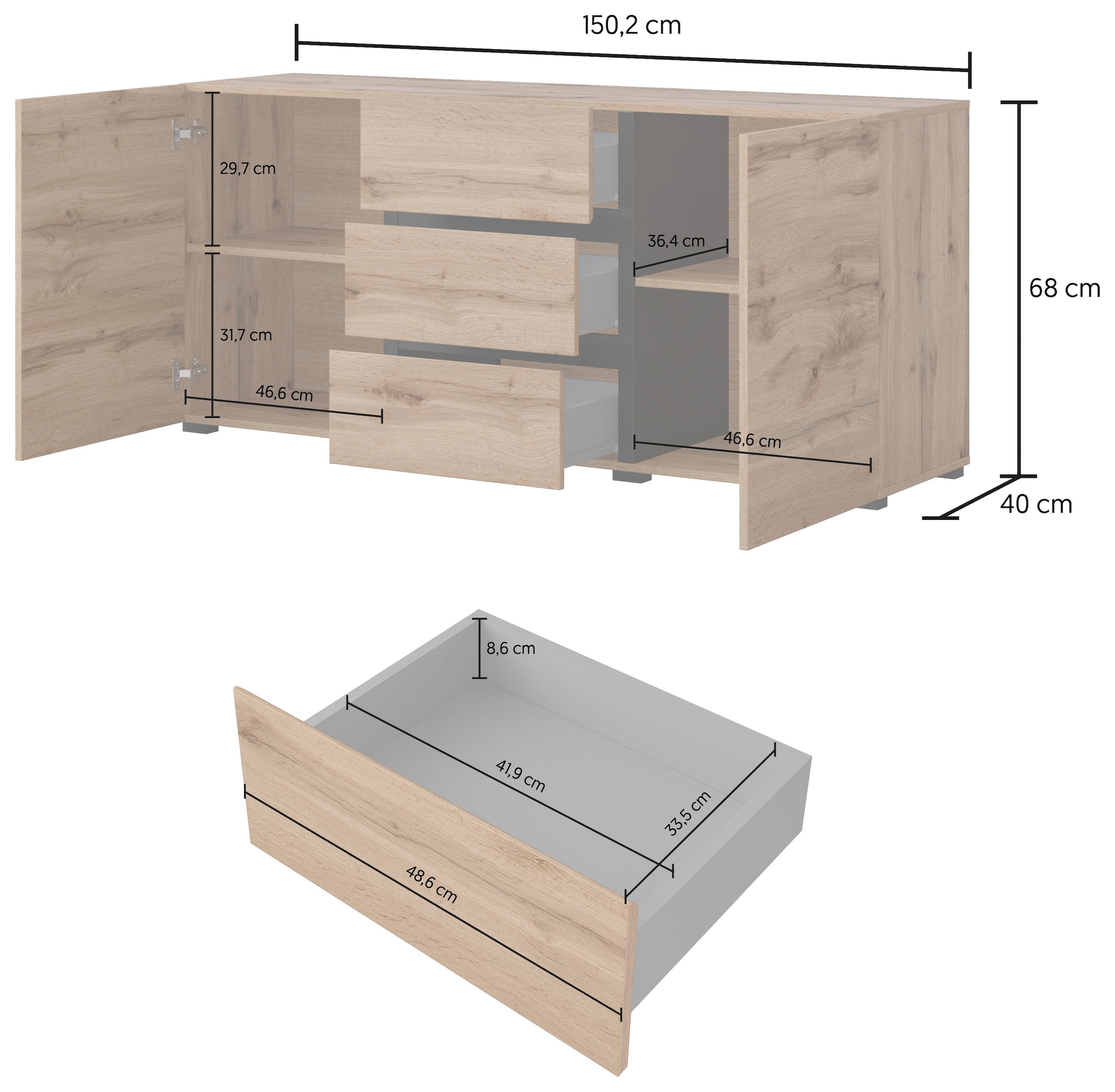 INOSIGN Sideboard »Cross, Breite 150 cm, moderne grifflose Kommode, 2Türen/3 Schubkästen« Schubladenkommode mit viel Stauraum, Einlegeböden verstellbar