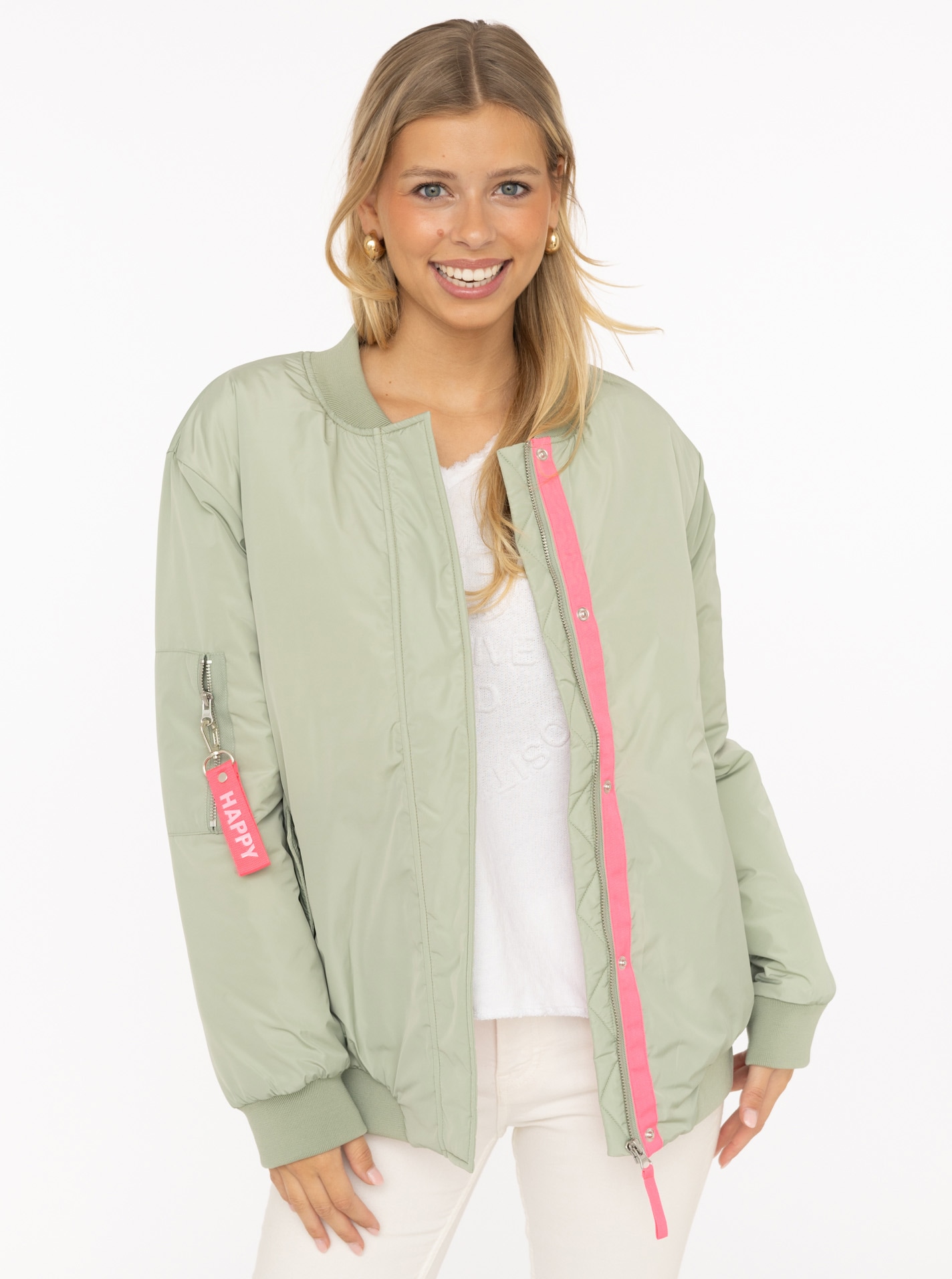 Image of Zwillingsherz Bomberjacke ""Happy"" ohne Kapuze verdeckter Reissveschluss, Taschen